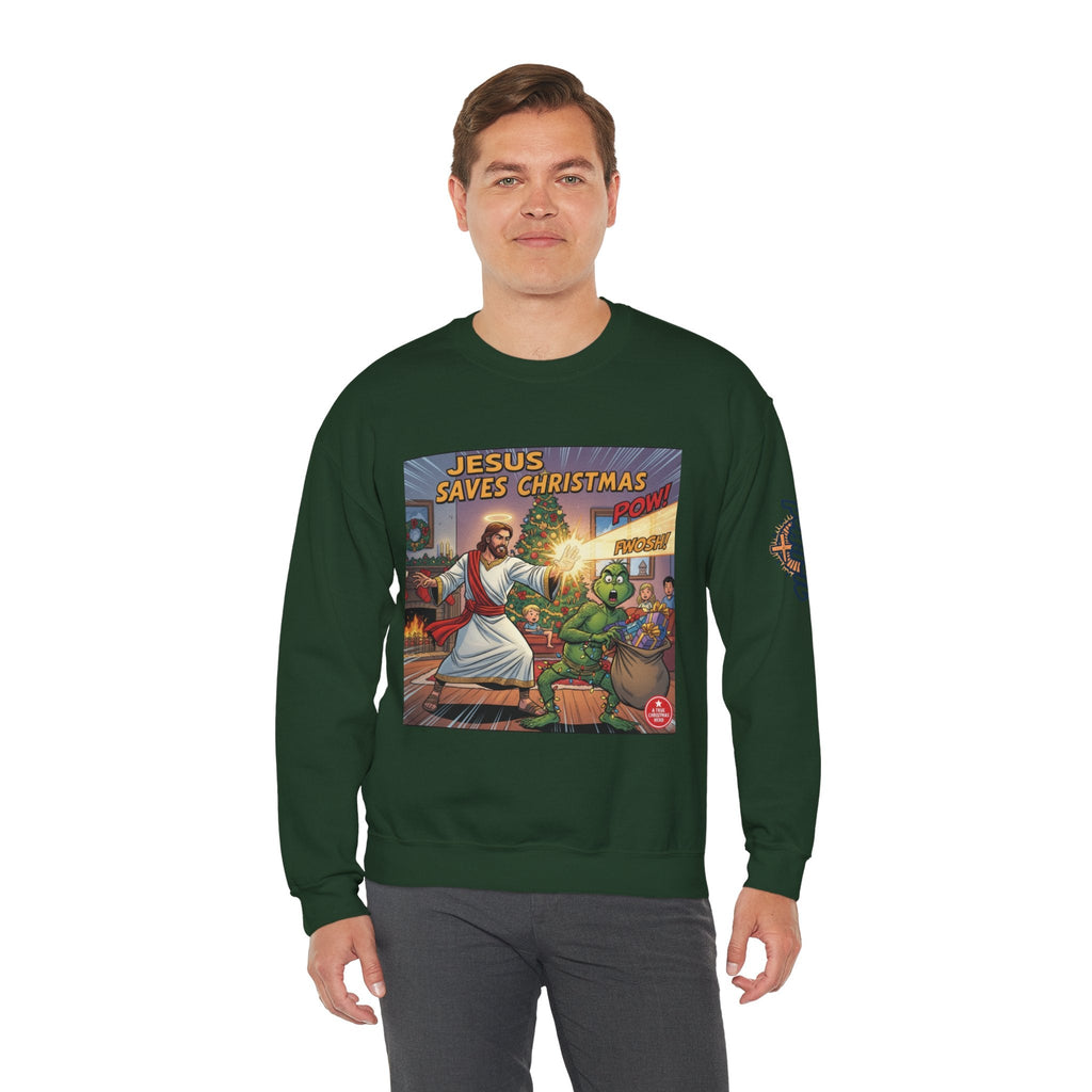 Jesus Saves Christmas Sweatshirt – Grinch vs Savior Light Battle Christian Sweatshirt for Hilarious Holiday Faith & True Joy Printify