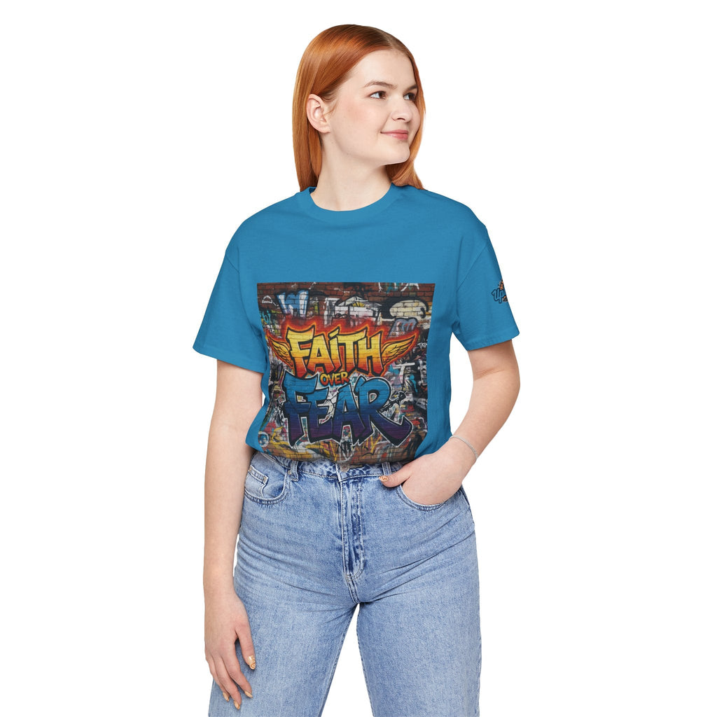 Faith Over Fear T-shirt – Graffiti Wall Christian T-shirt for Bold 2 Corinthians 5:7 Streetwear & Unshakable Faith Printify