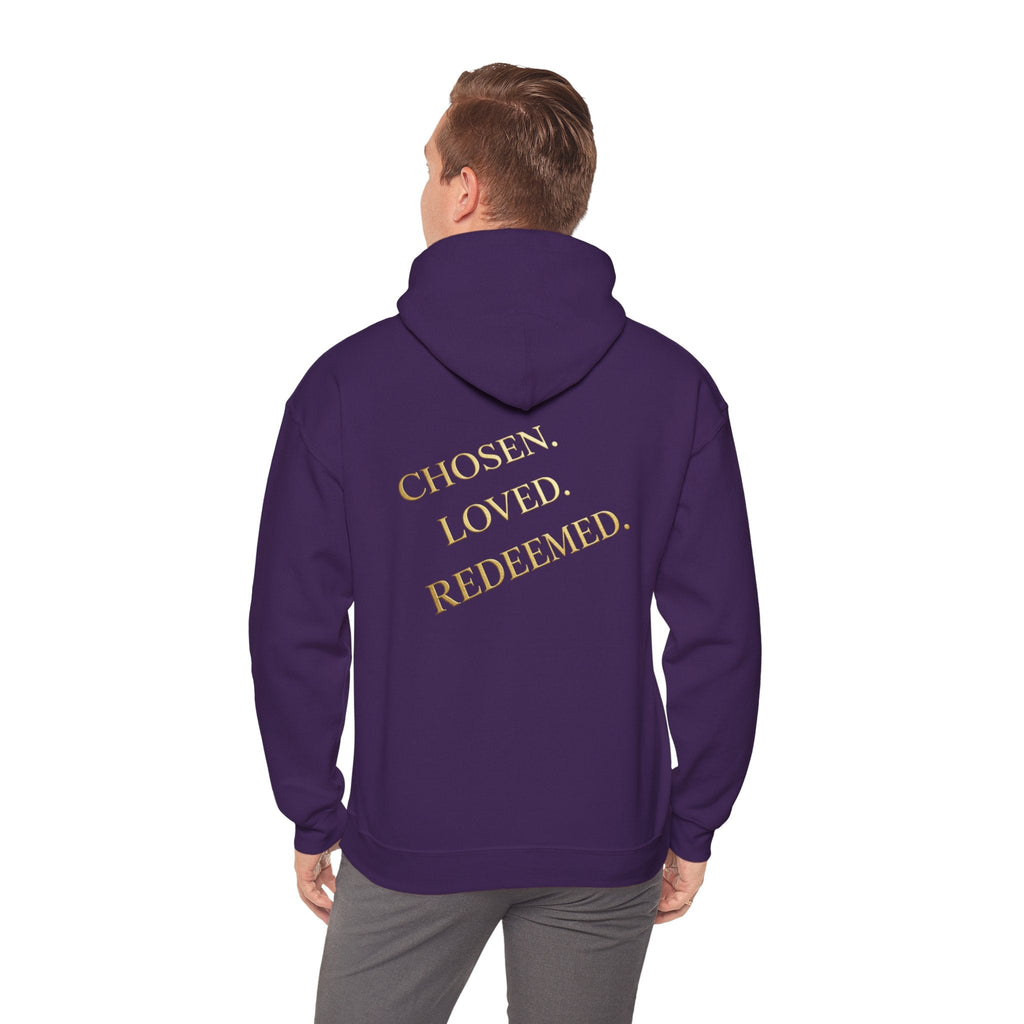 ✨ Chosen. Loved. Redeemed. – Elegant Christian Hoodie | Gold Foil Faith Tee | Subtle Cross & Heart Design | Inspirational Bible Verse Apparel by Uplifted Gear Printify