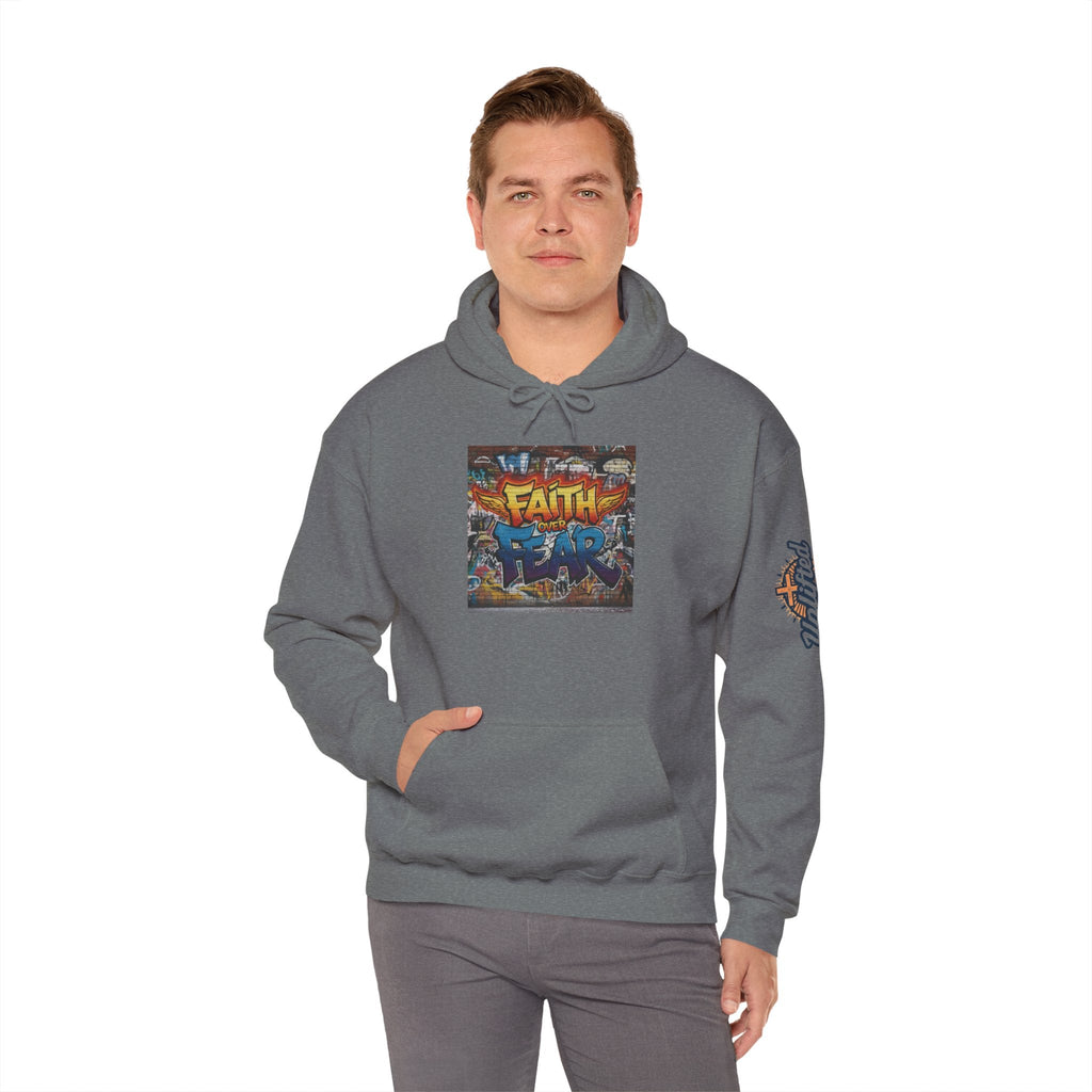 Faith Over Fear Hoodie – Graffiti Wall Christian Sweatshirt for Bold 2 Corinthians 5:7 Streetwear & Unshakable Faith Printify
