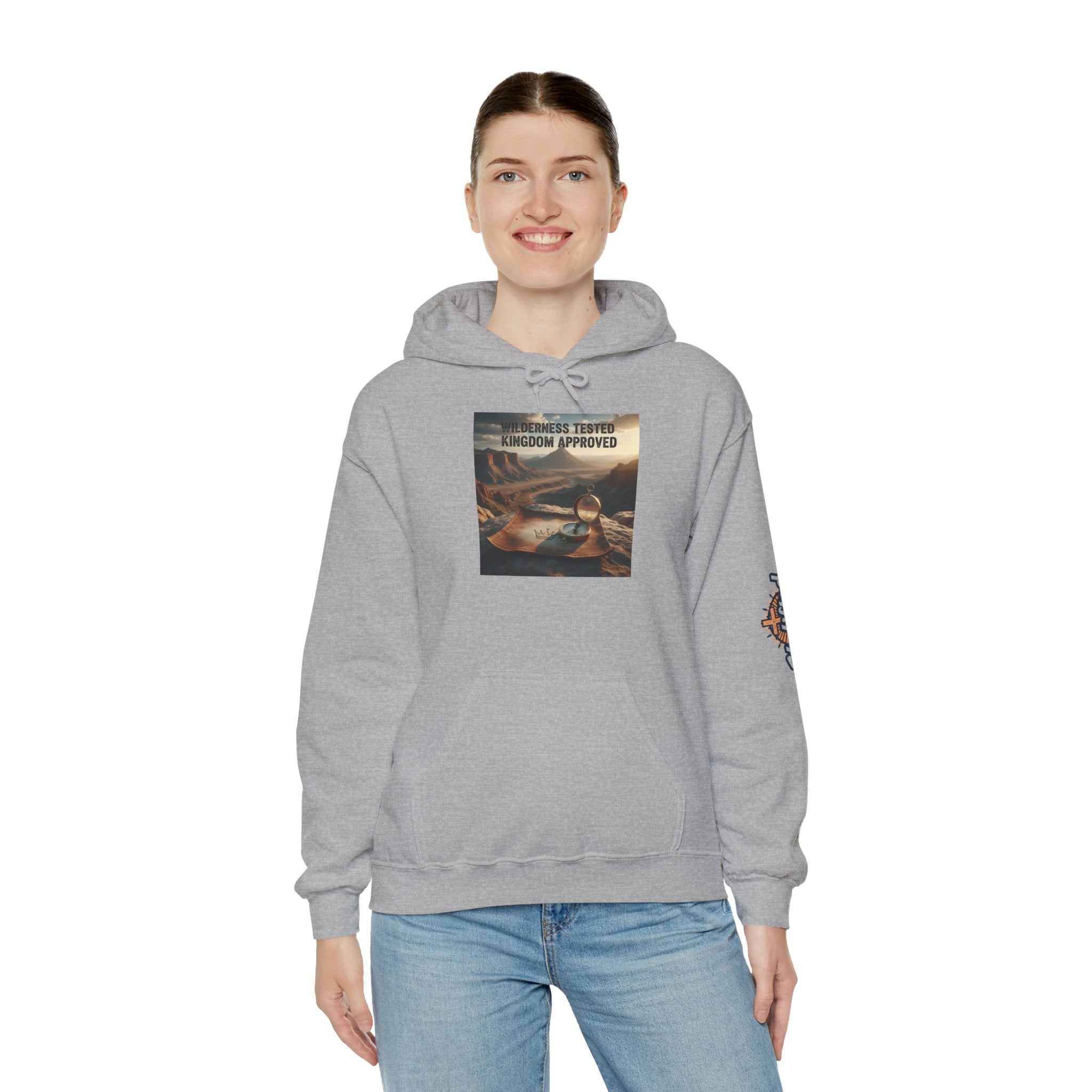 Wilderness Tested Kingdom Approved Hoodie – Mountain Desert Compass Crown Christian Sweatshirt for Biblical Adventure Faith Printify
