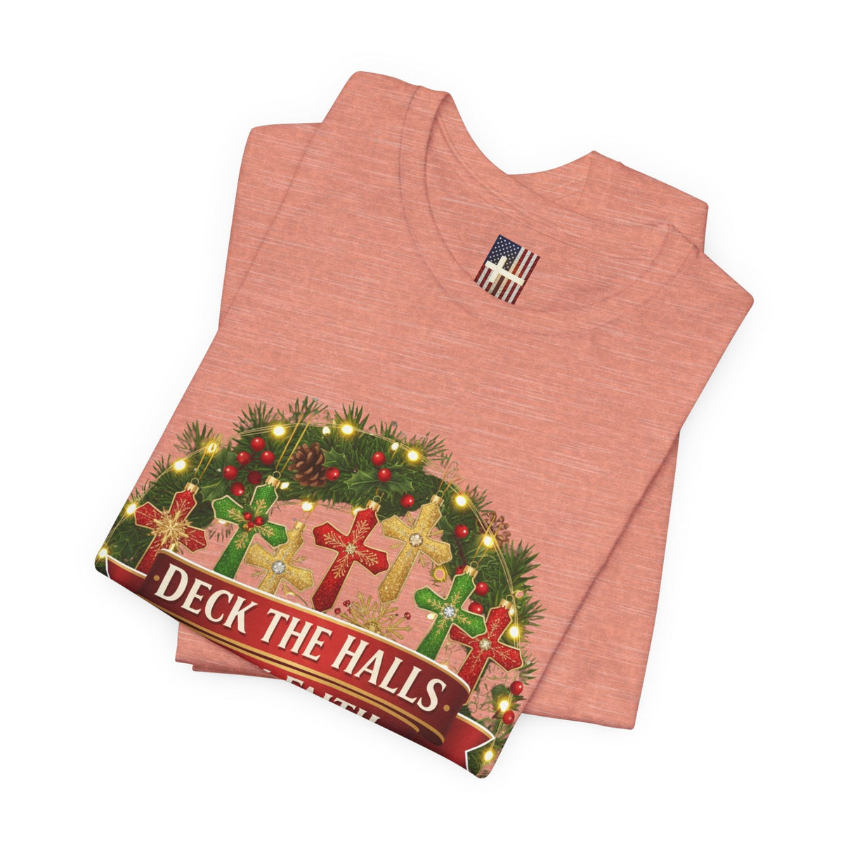 🎄 Deck the Halls with Faith – Christian Christmas T-Shirt | Cross Ornament Design & Festive Garland | Bold Holiday Faith Tee by Uplifted Gear Printify