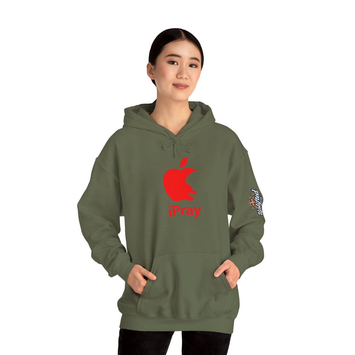 iPray Apple Logo Hoodie — Funny Christian Hoodie (Minimal Red Apple Graphic) Printify