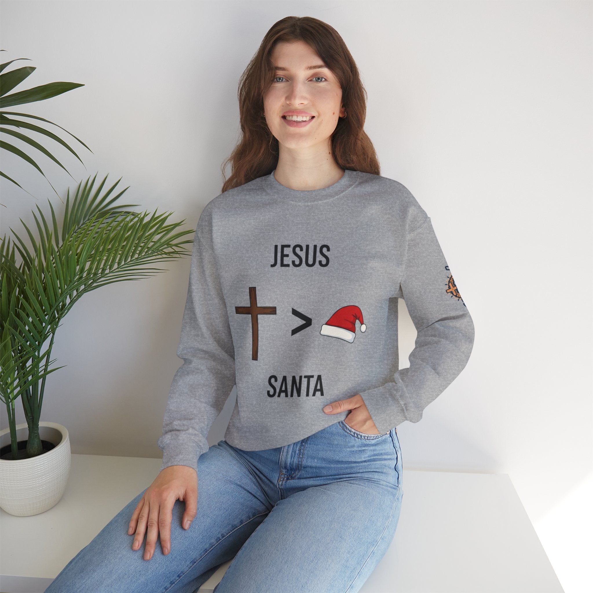 🎄 Jesus > Santa – Minimalist Christian Christmas Sweatshirt | Bold Faith Over Holiday Tee | Cross vs Santa Hat Design | Uplifted Gear Printify
