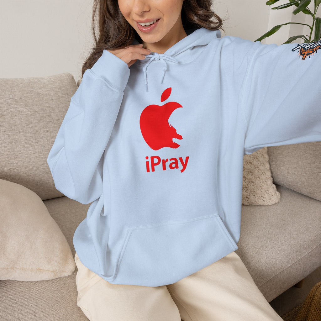 iPray Apple Logo Hoodie — Funny Christian Hoodie (Minimal Red Apple Graphic) Printify