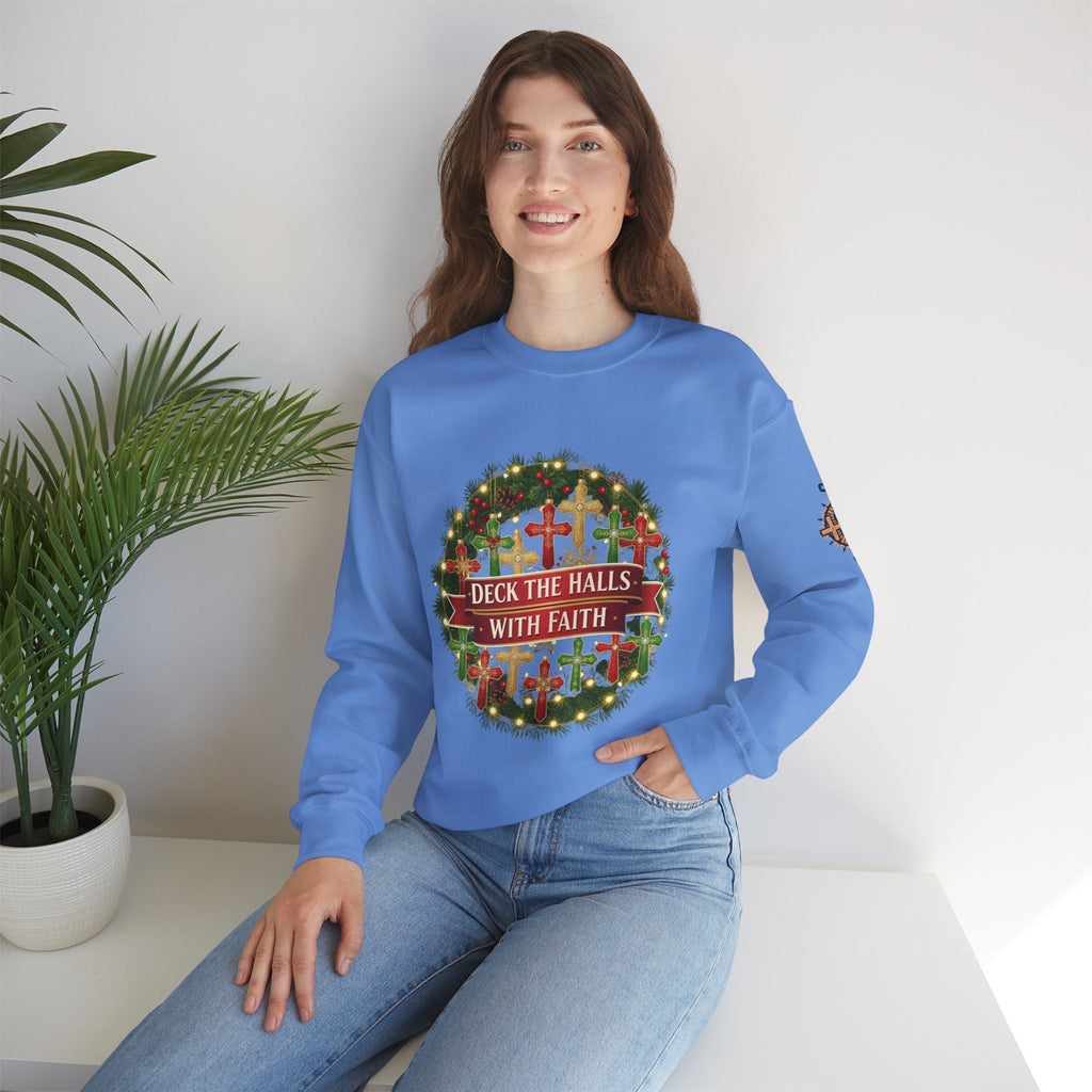 🎄 Deck the Halls with Faith – Christian Christmas Sweatshirt | Cross Ornament Design & Festive Garland | Bold Holiday Faith Tee by Uplifted Gear Printify