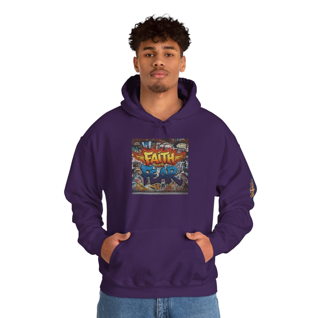 Faith Over Fear Hoodie – Graffiti Wall Christian Sweatshirt for Bold 2 Corinthians 5:7 Streetwear & Unshakable Faith Printify