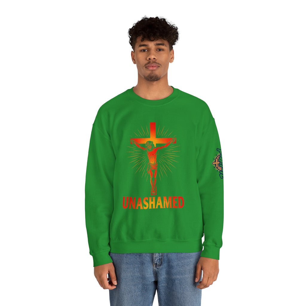 Unashamed Sweatshirt – Romans 1:16 Crucifixion Christian Sweatshirt for Bold Unwavering Faith Printify