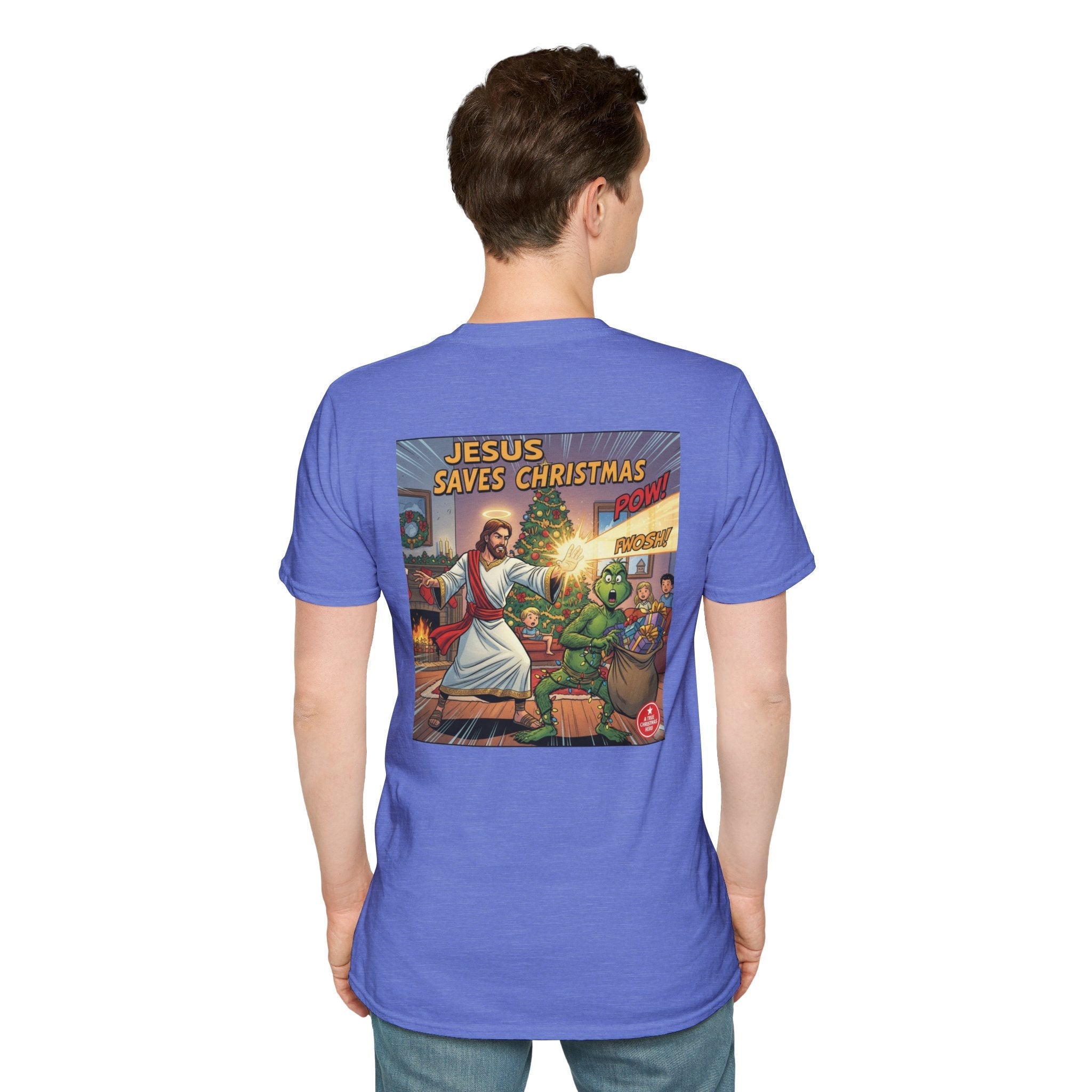 Jesus Saves Christmas T-shirt – Grinch vs Savior Light Battle Christian T-shirt for Hilarious Holiday Faith & True Joy Printify