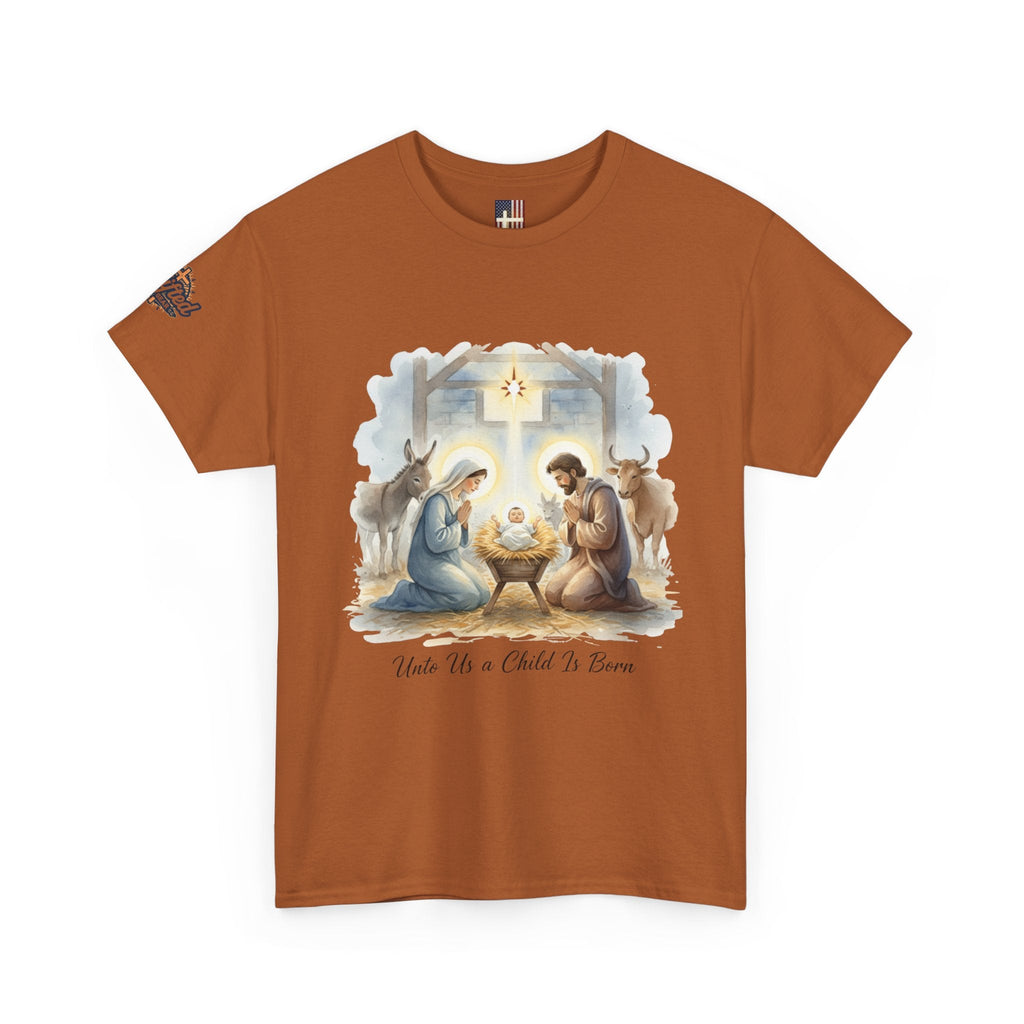 Unto Us a Child is Born T-shirt – Isaiah 9:6 Nativity Manger Scene Christian Christmas T-shirt for Holy Night Faith Printify