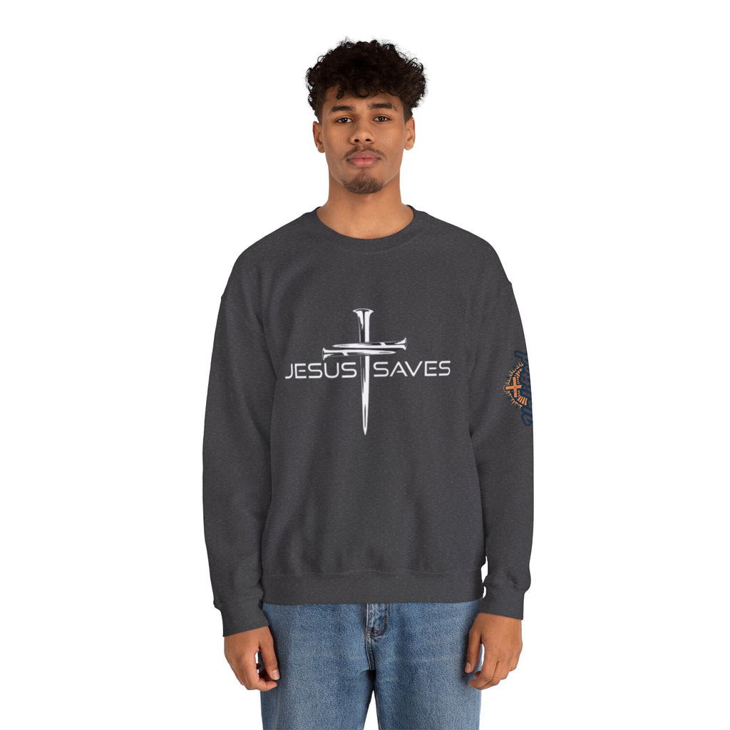 Jesus Saves Sweatshirt – 3 Nails Crucifix Cross Christian Sweatshirt for Redemption Faith & Bold Salvation Printify
