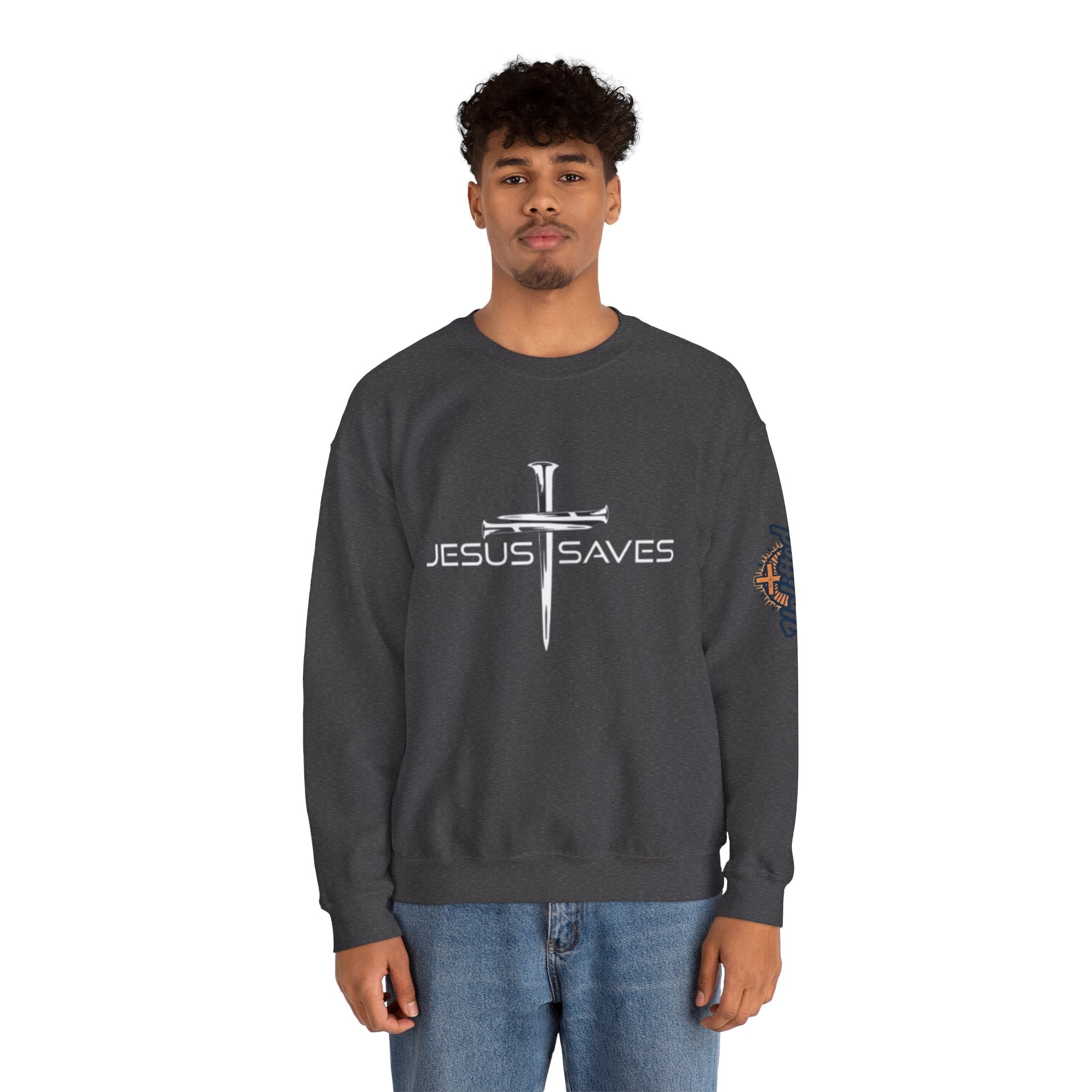 Jesus Saves Sweatshirt – 3 Nails Crucifix Cross Christian Sweatshirt for Redemption Faith & Bold Salvation Printify