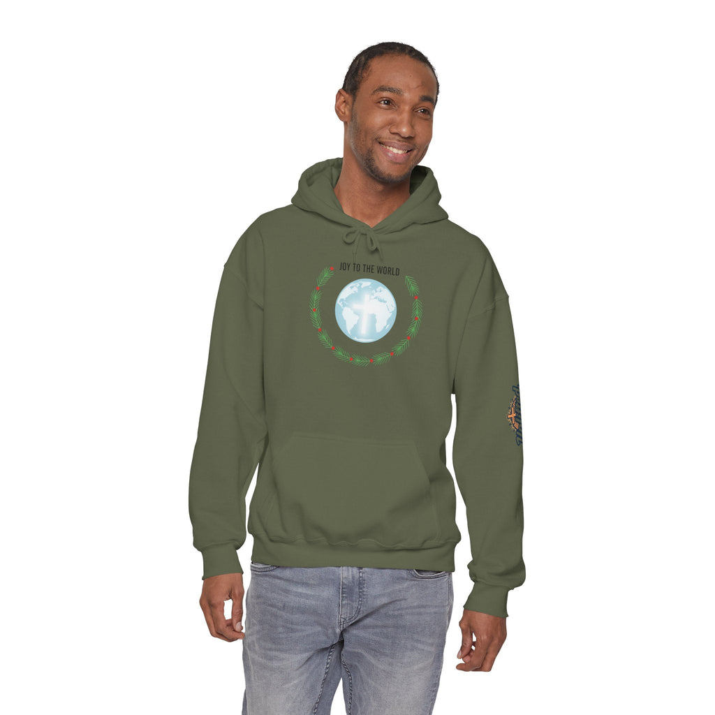 Joy to the World Hoodie – Wreath Earth Nativity Christian Christmas Sweatshirt for Isaiah 9:6 Holiday Faith & Festive Joy Printify
