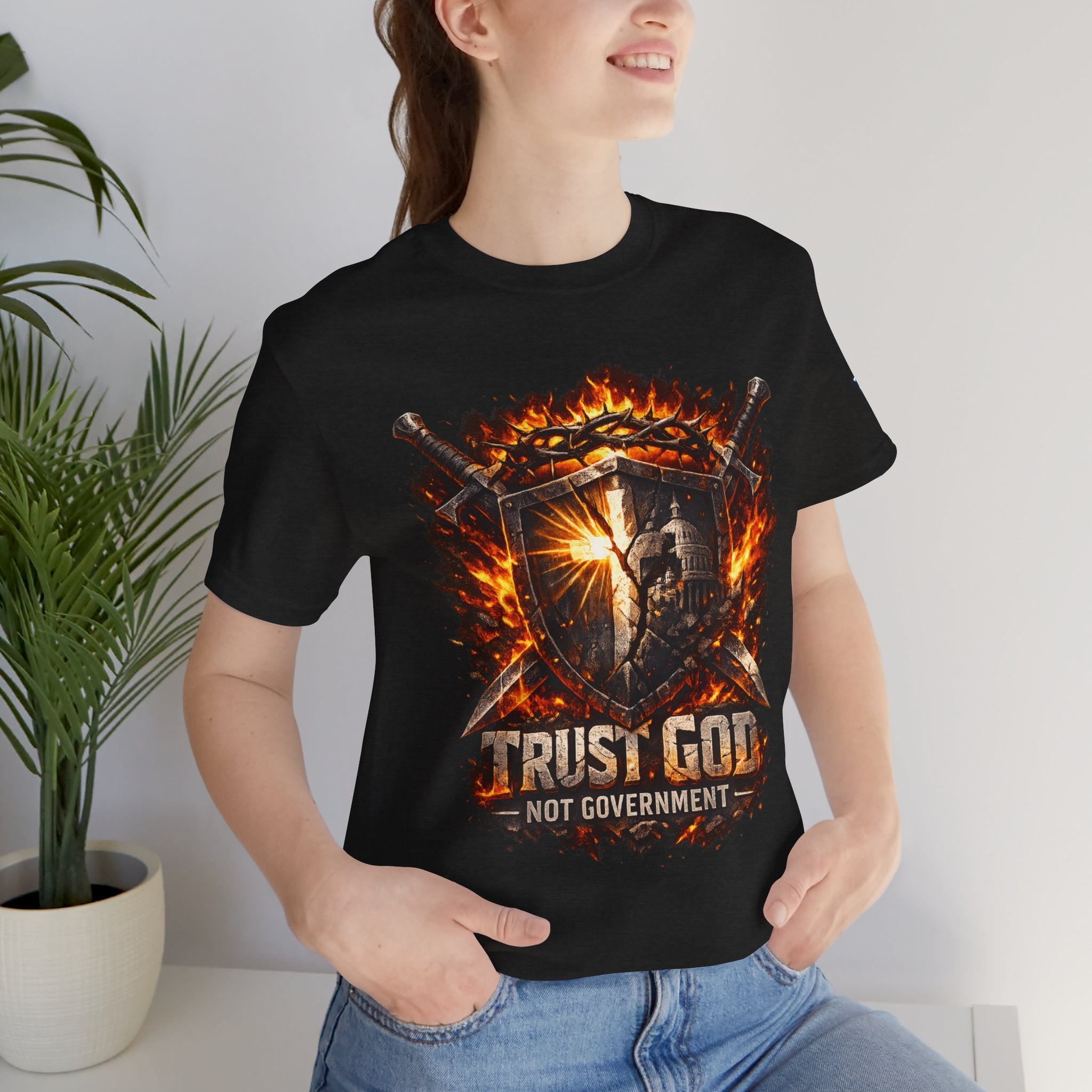 Trust God Not Government Shield Tee — Patriotic Christian Faith T-Shirt Printify