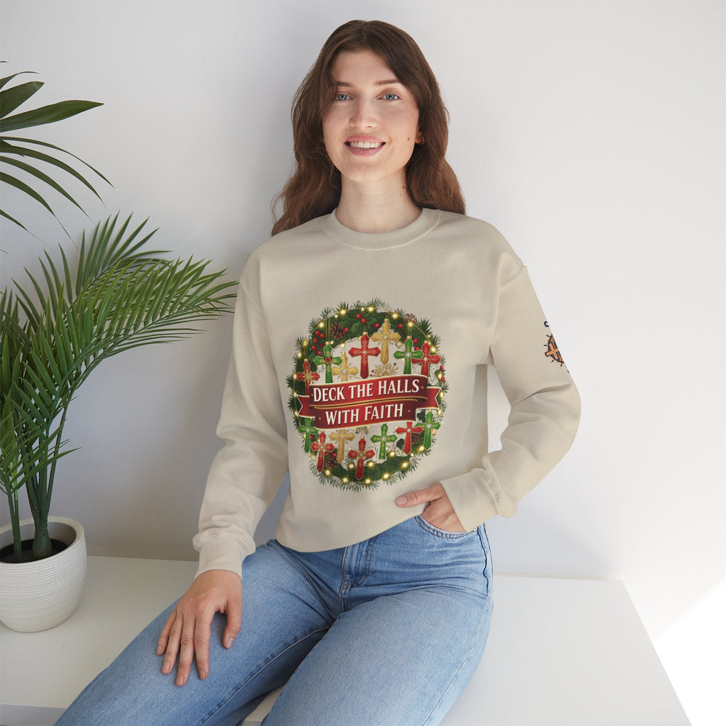 🎄 Deck the Halls with Faith – Christian Christmas Sweatshirt | Cross Ornament Design & Festive Garland | Bold Holiday Faith Tee by Uplifted Gear Printify