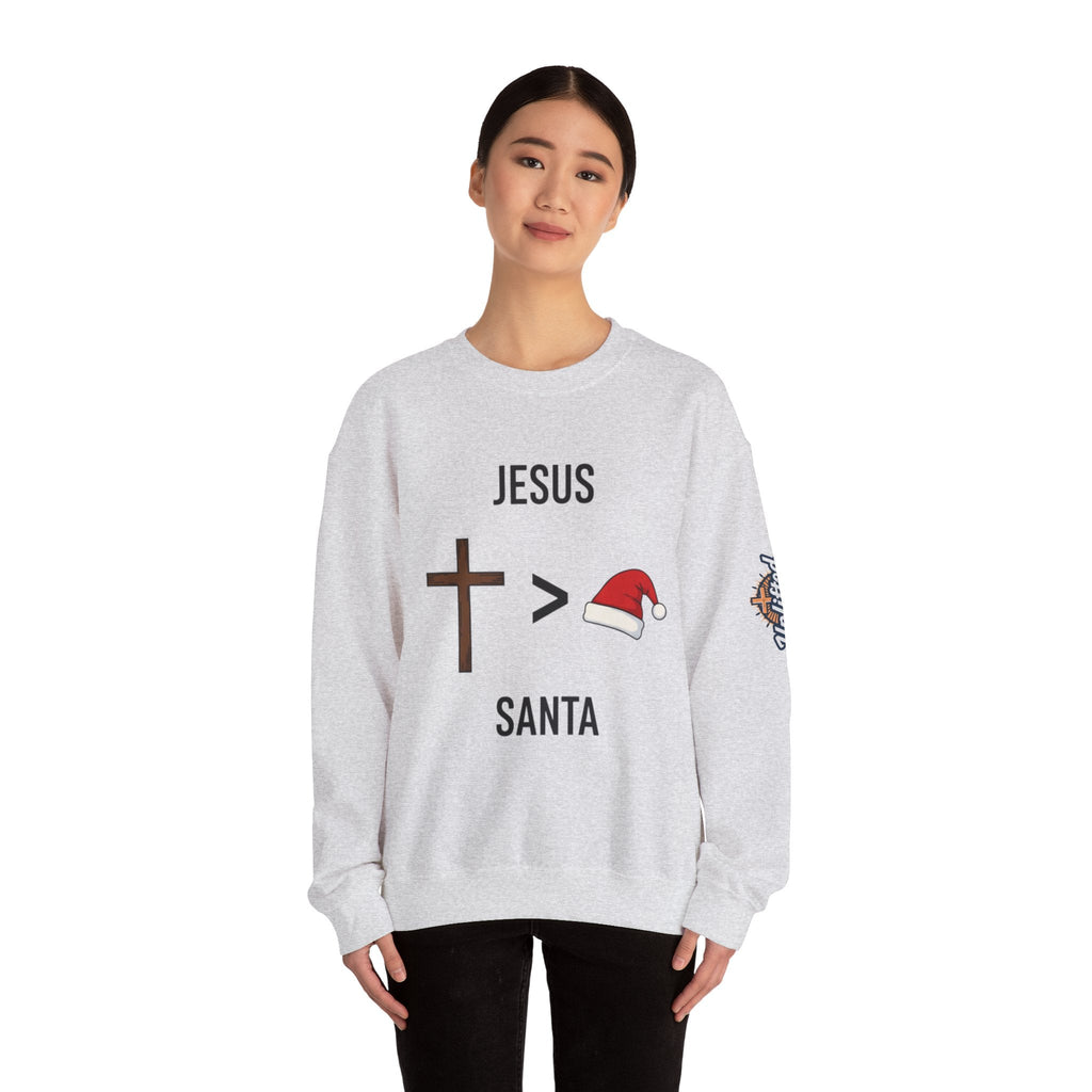 🎄 Jesus > Santa – Minimalist Christian Christmas Sweatshirt | Bold Faith Over Holiday Tee | Cross vs Santa Hat Design | Uplifted Gear Printify
