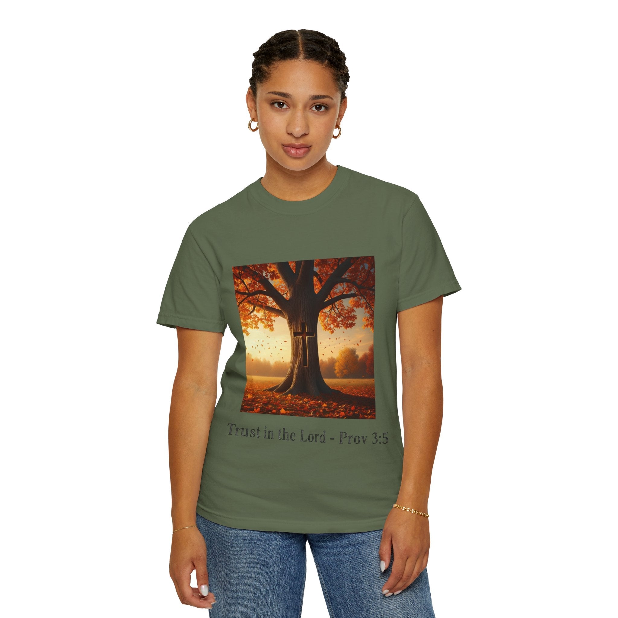 Trust in the Lord T-Shirt – Autumn Tree Christian Tee with Proverbs 3:5 Printify