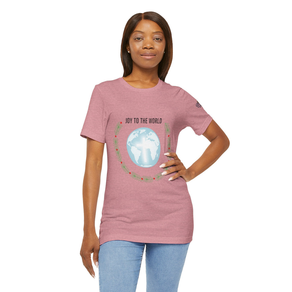 Joy to the World T-shirt – Wreath Earth Nativity Christian Christmas T-shirt for Isaiah 9:6 Holiday Faith & Festive Joy Printify