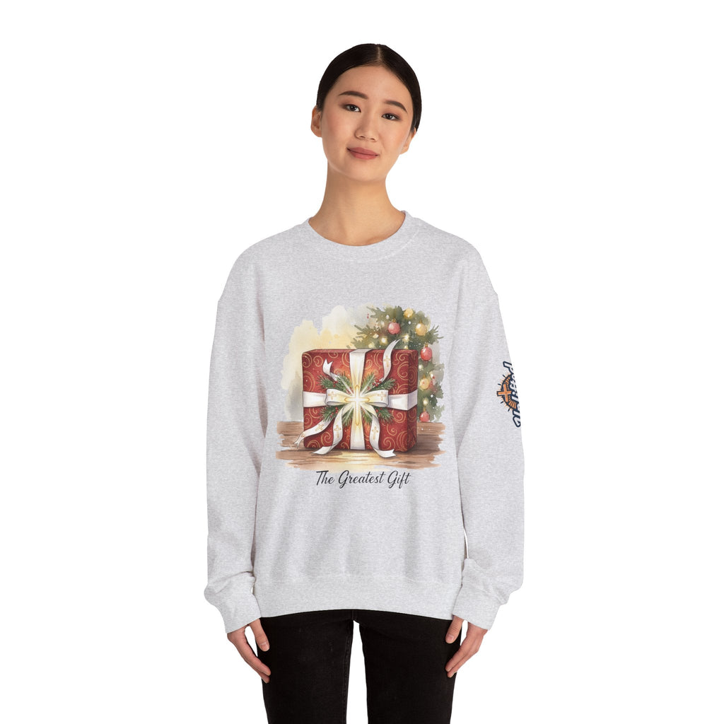 The Greatest Gift Sweatshirt – Cross Bow Present Christian Sweatshirt for Christmas Salvation & Eternal Faith Printify