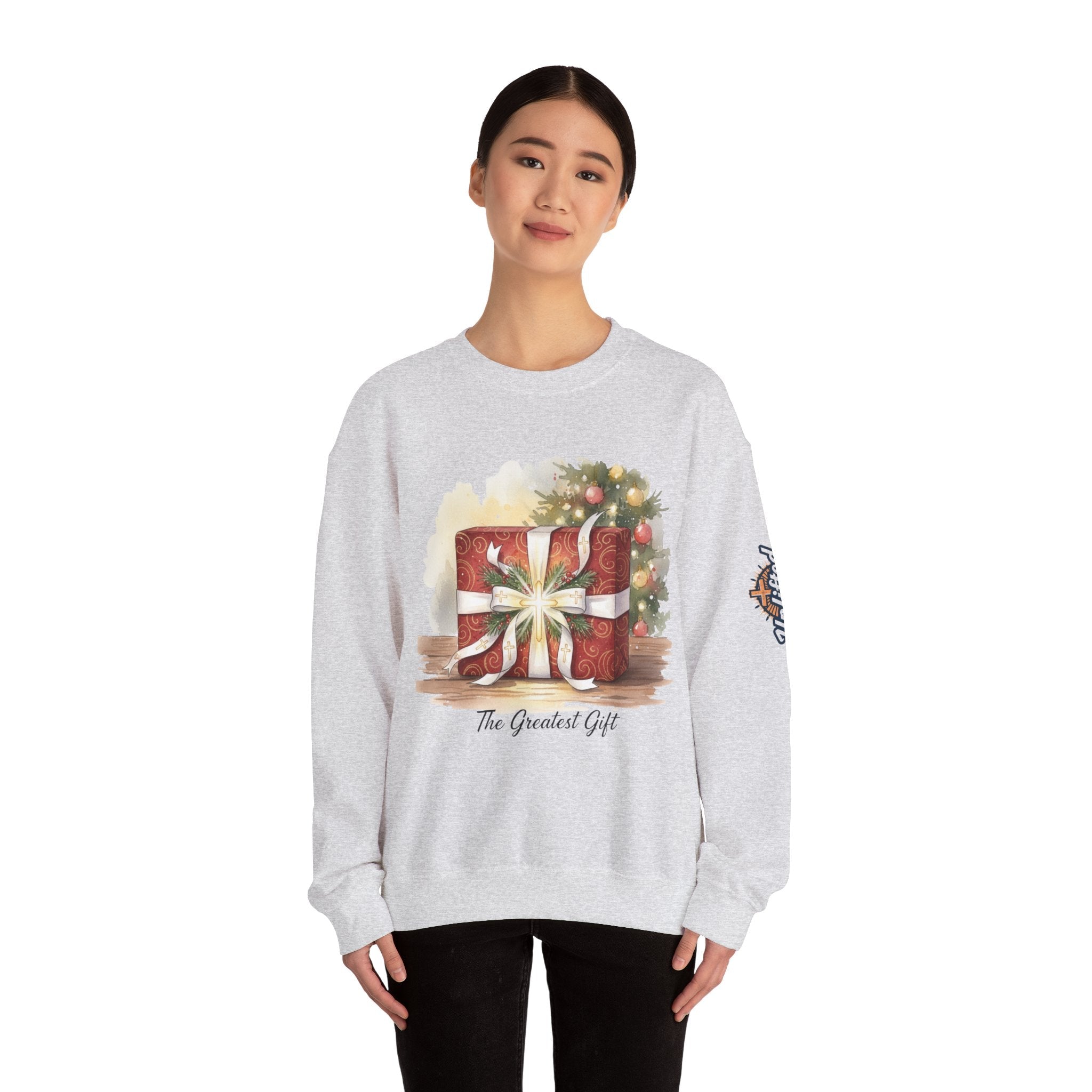 The Greatest Gift Sweatshirt – Cross Bow Present Christian Sweatshirt for Christmas Salvation & Eternal Faith Printify