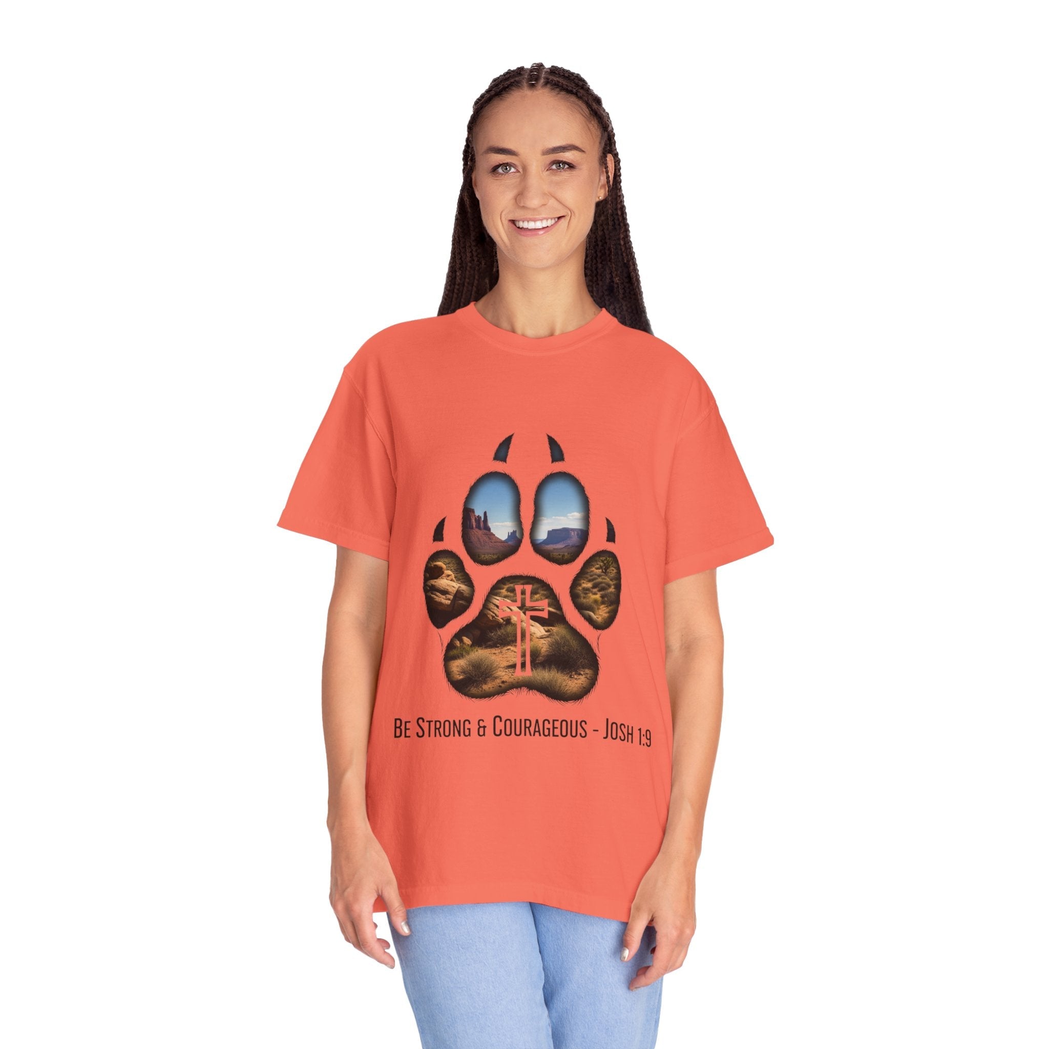 Strong and Courageous T-Shirt – Canine Pawprint Desert Joshua 1:9 Christian Tee Printify