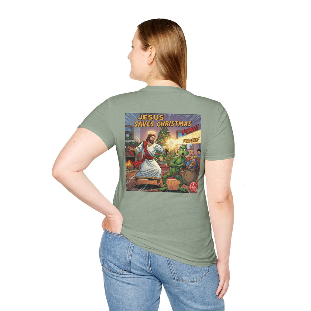 Jesus Saves Christmas T-shirt – Grinch vs Savior Light Battle Christian T-shirt for Hilarious Holiday Faith & True Joy Printify