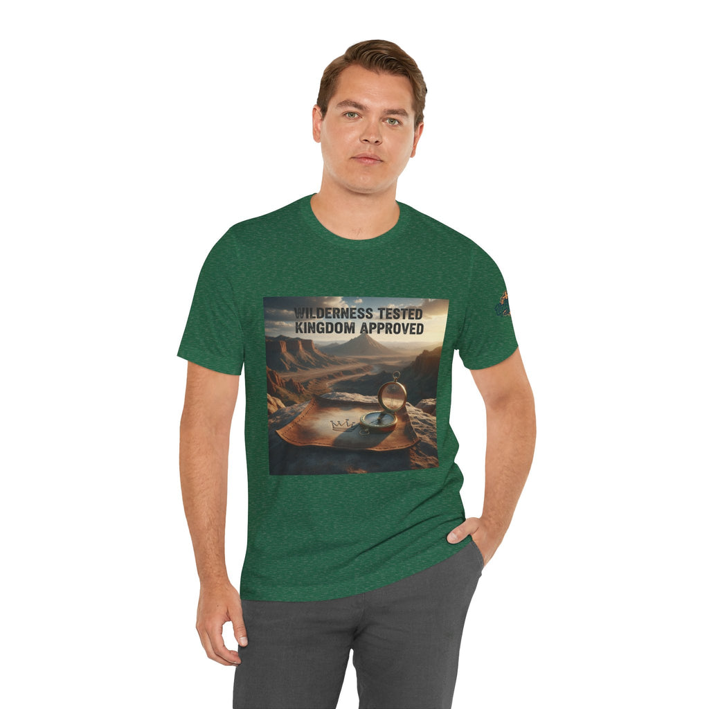 Wilderness Tested Kingdom Approved T-shirt – Mountain Desert Compass Crown Christian T-shirt for Biblical Adventure Faith Printify