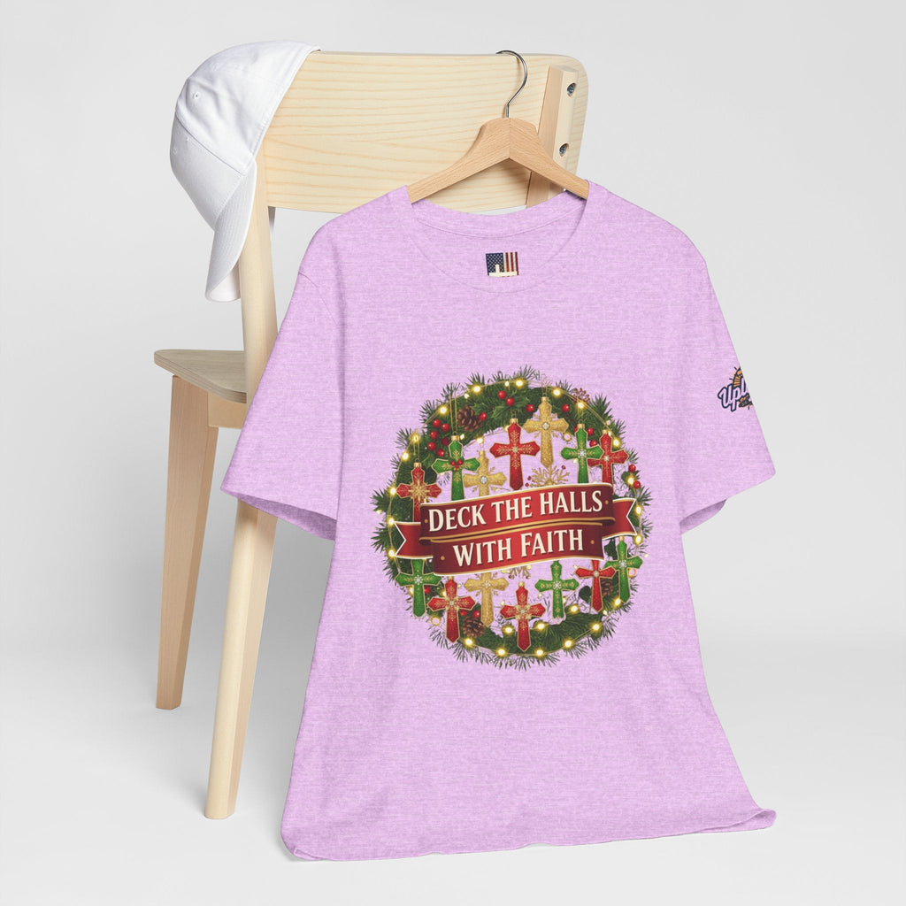 🎄 Deck the Halls with Faith – Christian Christmas T-Shirt | Cross Ornament Design & Festive Garland | Bold Holiday Faith Tee by Uplifted Gear Printify