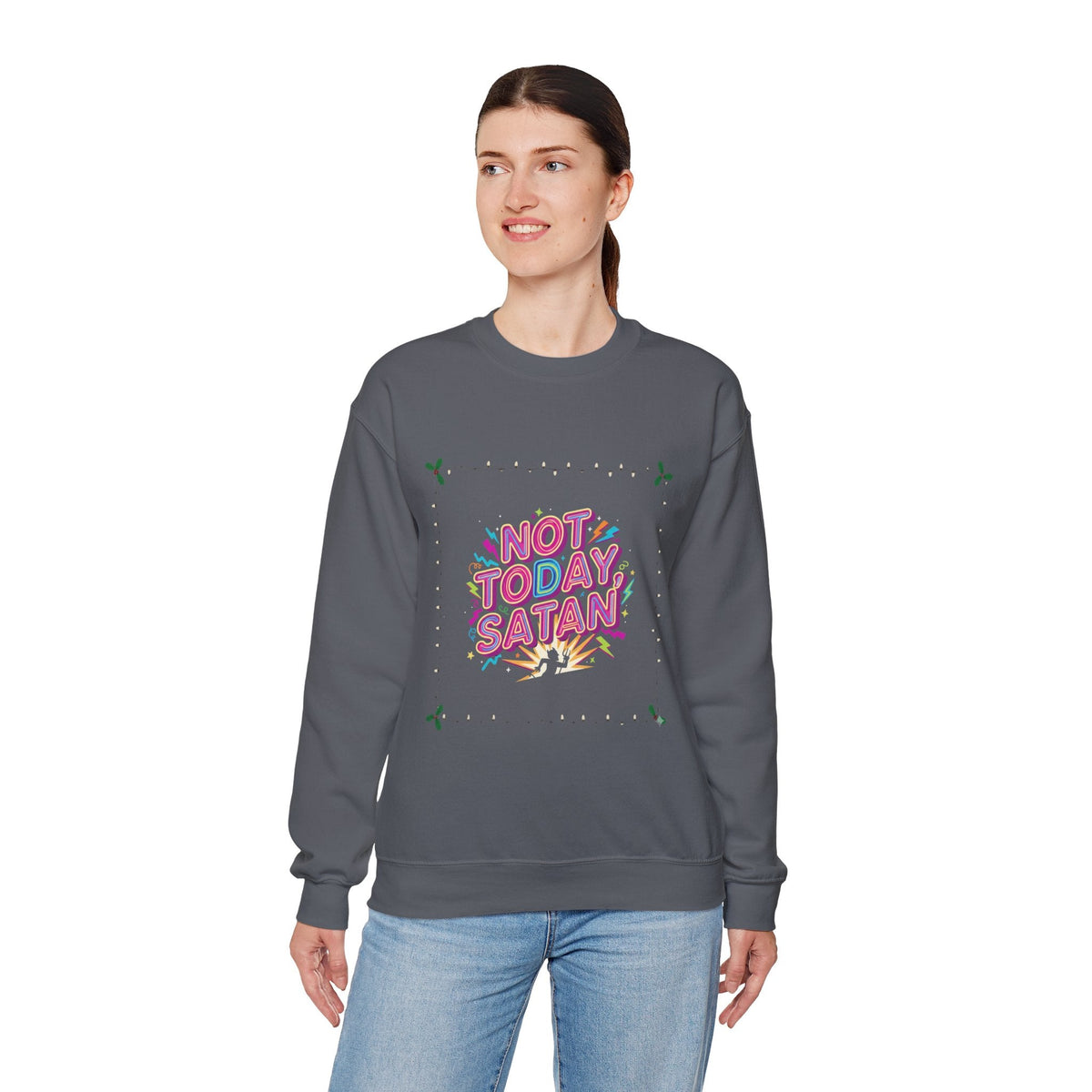 🔥 Not Today, Satan – Retro 90s Christian Sweatshirt | Neon Faith Tee | Funky Cartoon Devil | Bold Bible Verse Shirt | Uplifted Gear Printify