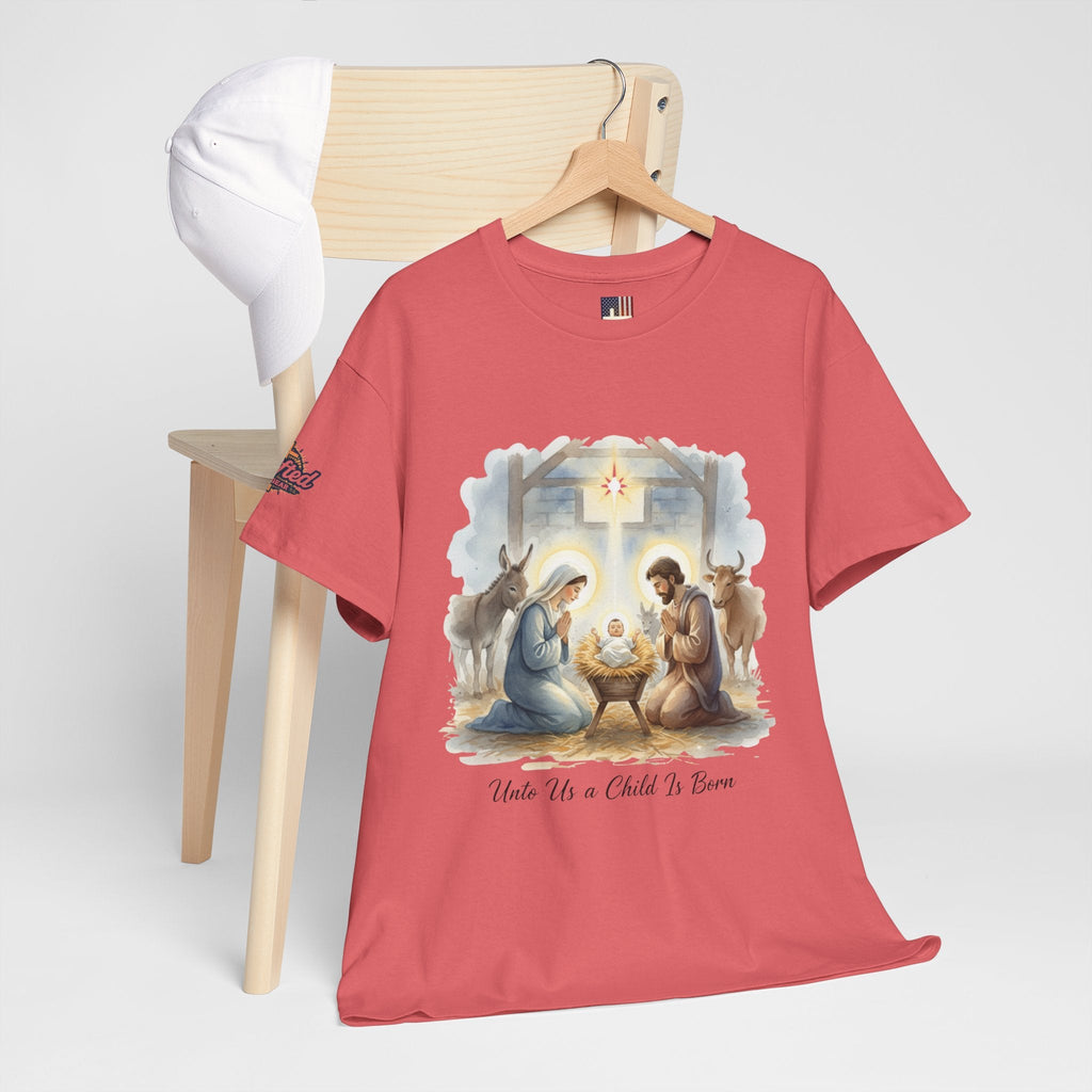 Unto Us a Child is Born T-shirt – Isaiah 9:6 Nativity Manger Scene Christian Christmas T-shirt for Holy Night Faith Printify