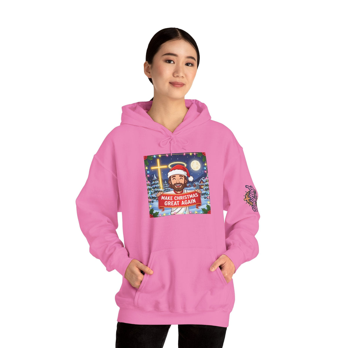 🎄 Make Christmas Great Again – Funny Christian Hoodie | Jesus Holding Banner | Faith-Based Holiday Parody Tee | Uplifted Gear Printify