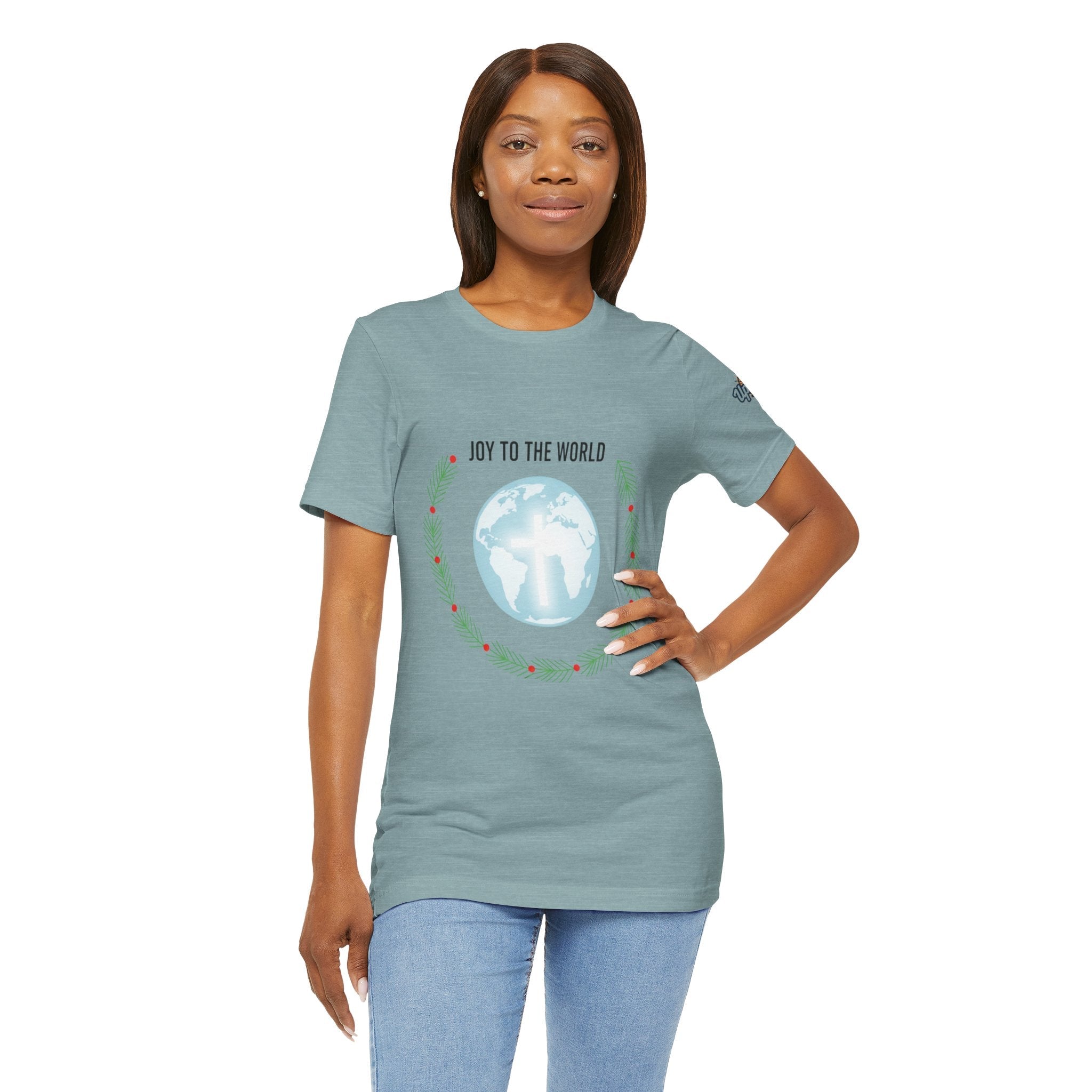 Joy to the World T-shirt – Wreath Earth Nativity Christian Christmas T-shirt for Isaiah 9:6 Holiday Faith & Festive Joy Printify