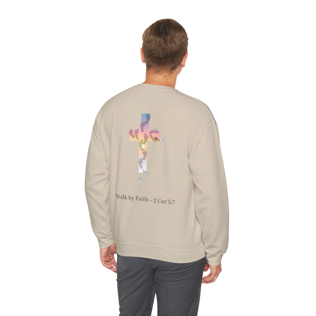 Walk by Faith Sweatshirt – Cross & Footprints Christian Sweatshirt for Cozy Inspiration Printify