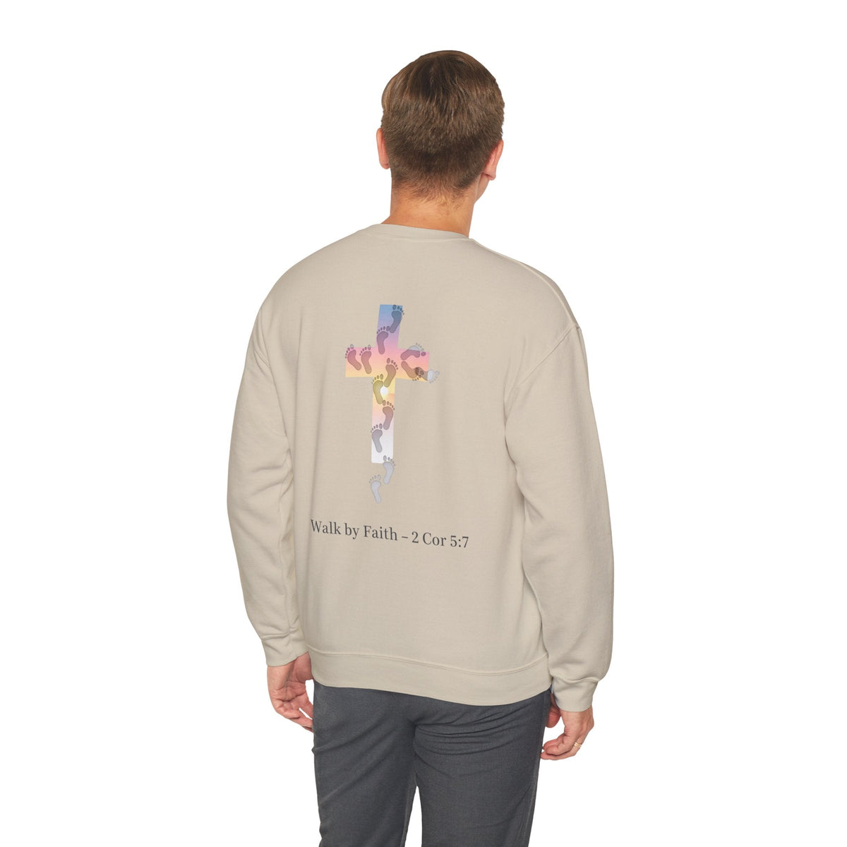 Walk by Faith Sweatshirt – Cross & Footprints Christian Sweatshirt for Cozy Inspiration Printify