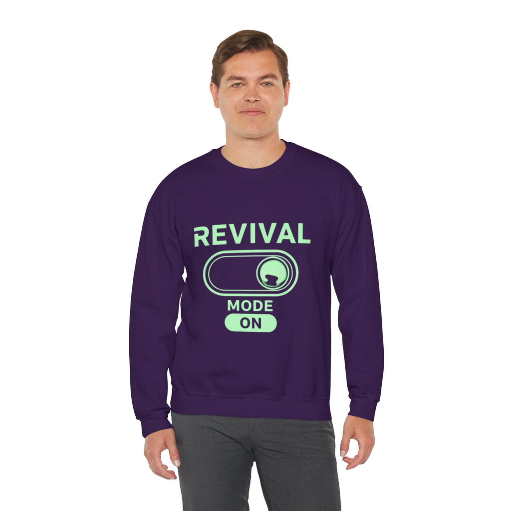 🔥 Revival Mode: ON – Christian Techwear Sweatshirt | Glowing Green Faith Switch | Futuristic Jesus Shirt | Activate Your Spiritual Awakening | Uplifted Gear Printify