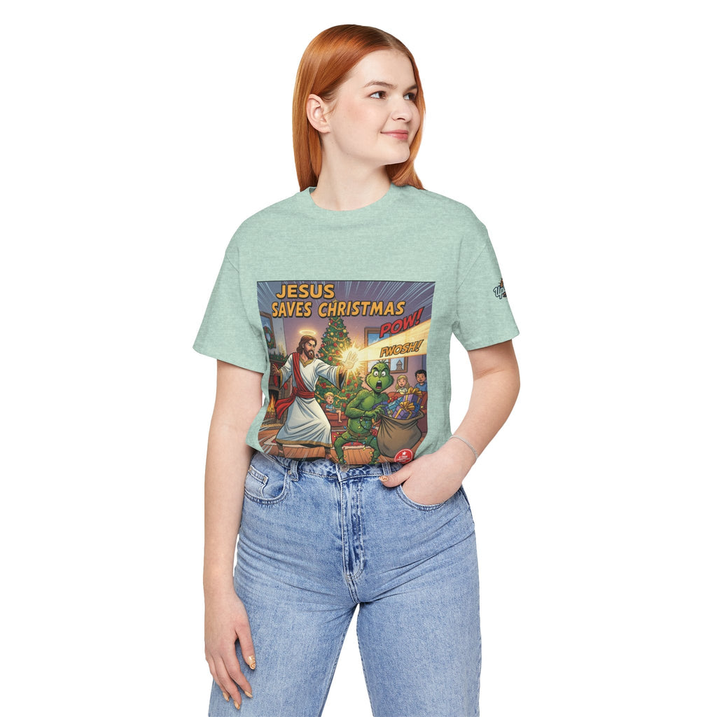 Jesus Saves Christmas T-shirt – Grinch vs Savior Light Battle Christian T-shirt for Hilarious Holiday Faith & True Joy Printify