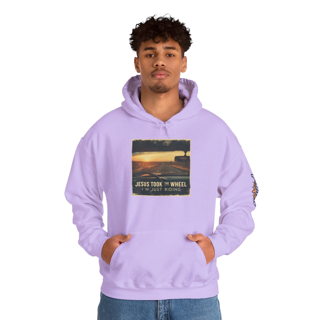 Jesus Took the Wheel I'm Just Riding Hoodie – Funny Christian Convertible Car Sweatshirt for Surrendered Faith & Humor Printify