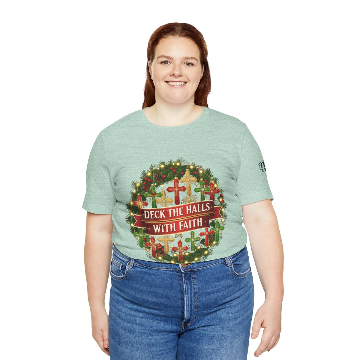 🎄 Deck the Halls with Faith – Christian Christmas T-Shirt | Cross Ornament Design & Festive Garland | Bold Holiday Faith Tee by Uplifted Gear Printify