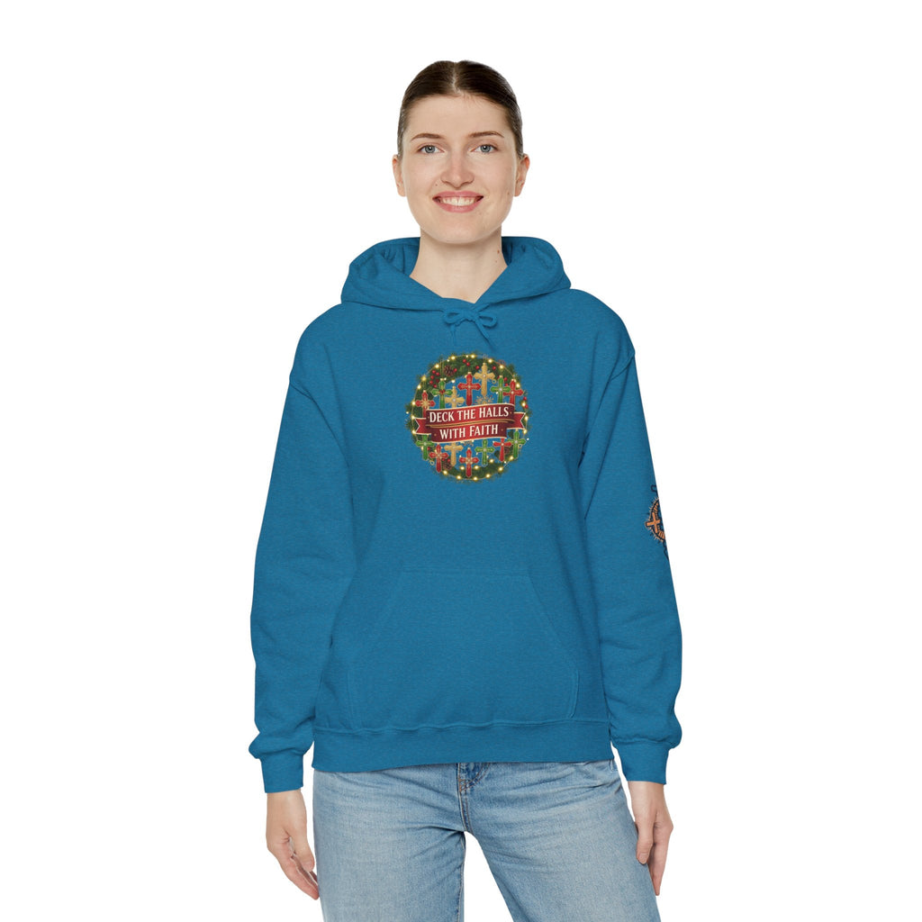🎄 Deck the Halls with Faith – Christian Christmas Hoodie | Cross Ornament Design & Festive Garland | Bold Holiday Faith Tee by Uplifted Gear Printify