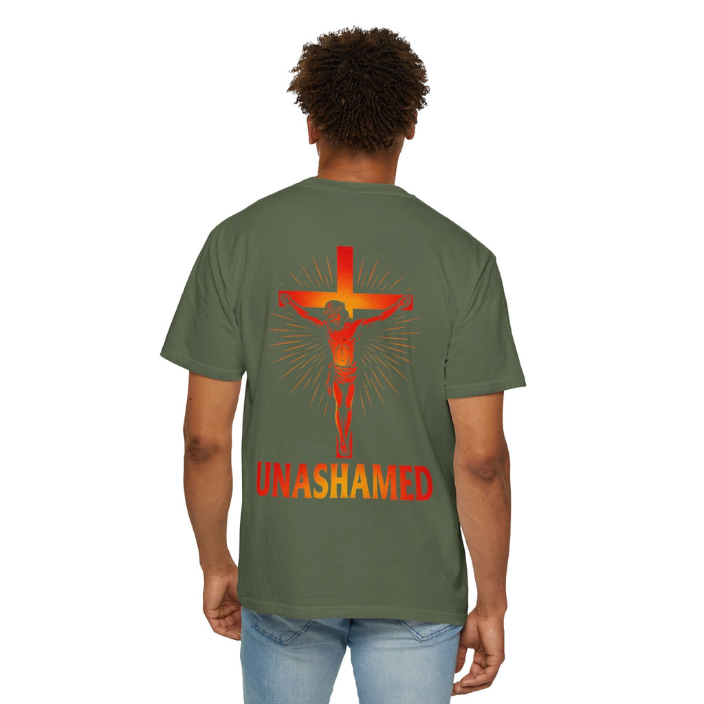 Unashamed T-shirt – Romans 1:16 Crucifixion Christian t-shirt for Bold Unwavering Faith Red Printify