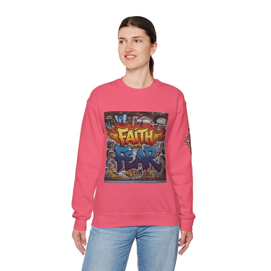 Faith Over Fear Sweatshirt – Graffiti Wall Christian Sweatshirt for Bold 2 Corinthians 5:7 Streetwear & Unshakable Faith Printify
