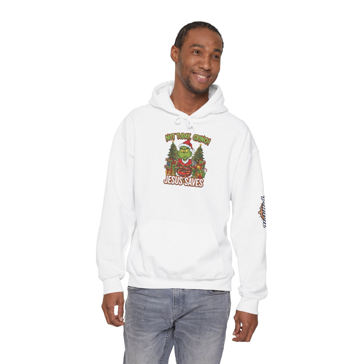🎄 Not Today, Grinch – Jesus Saves | Funny Christian Christmas Hoodie | Sulking Grinch & Glowing Cross | Bold Neon Faith Tee by Uplifted Gear Printify