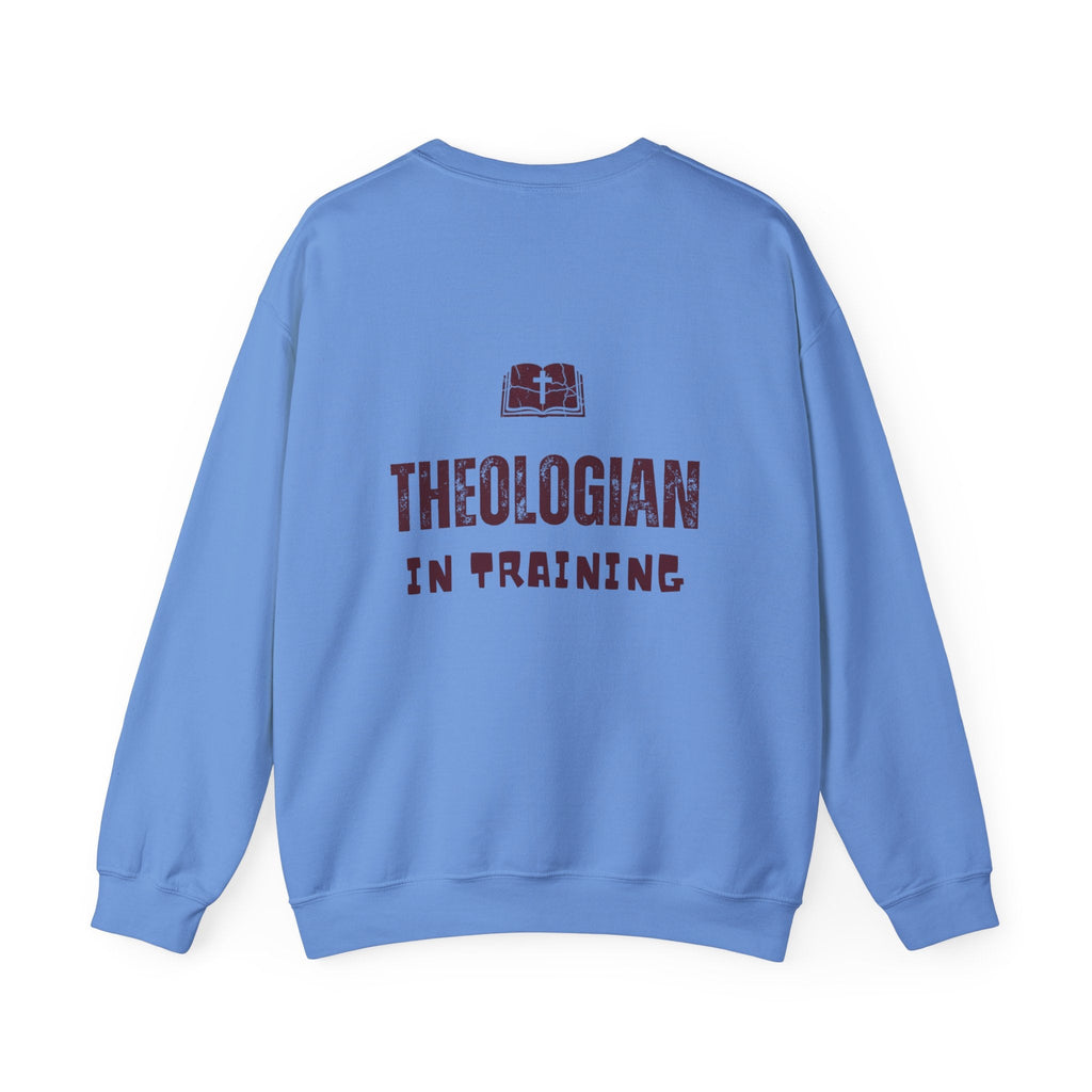 Theologian in Training Sweatshirt – Open Bible & Cross Christian Sweatshirt for Faithful Growth Printify