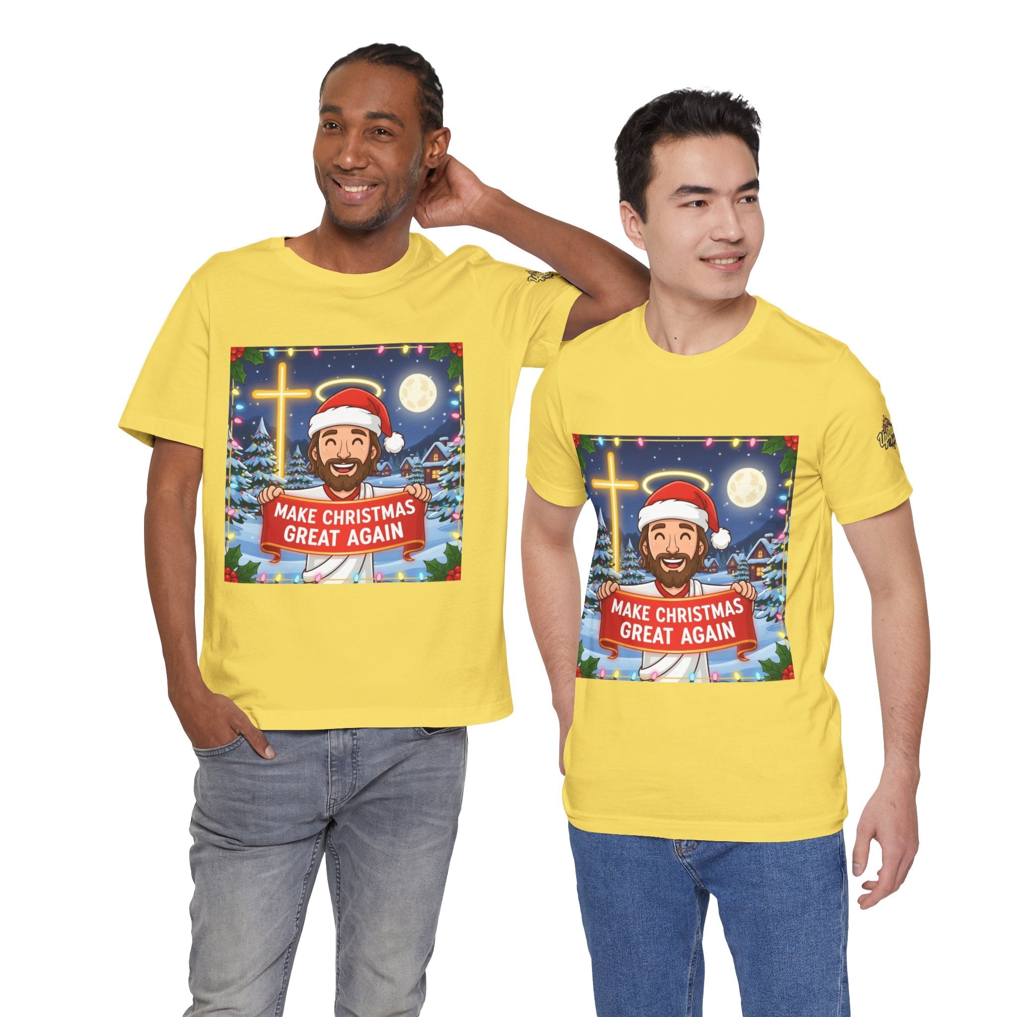 🎄 Make Christmas Great Again – Funny Christian T-Shirt | Jesus Holding Banner | Faith-Based Holiday Parody Tee | Uplifted Gear Printify