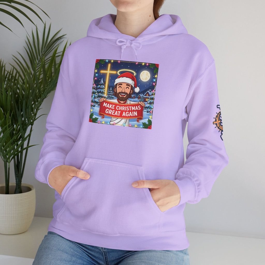 🎄 Make Christmas Great Again – Funny Christian Hoodie | Jesus Holding Banner | Faith-Based Holiday Parody Tee | Uplifted Gear Printify