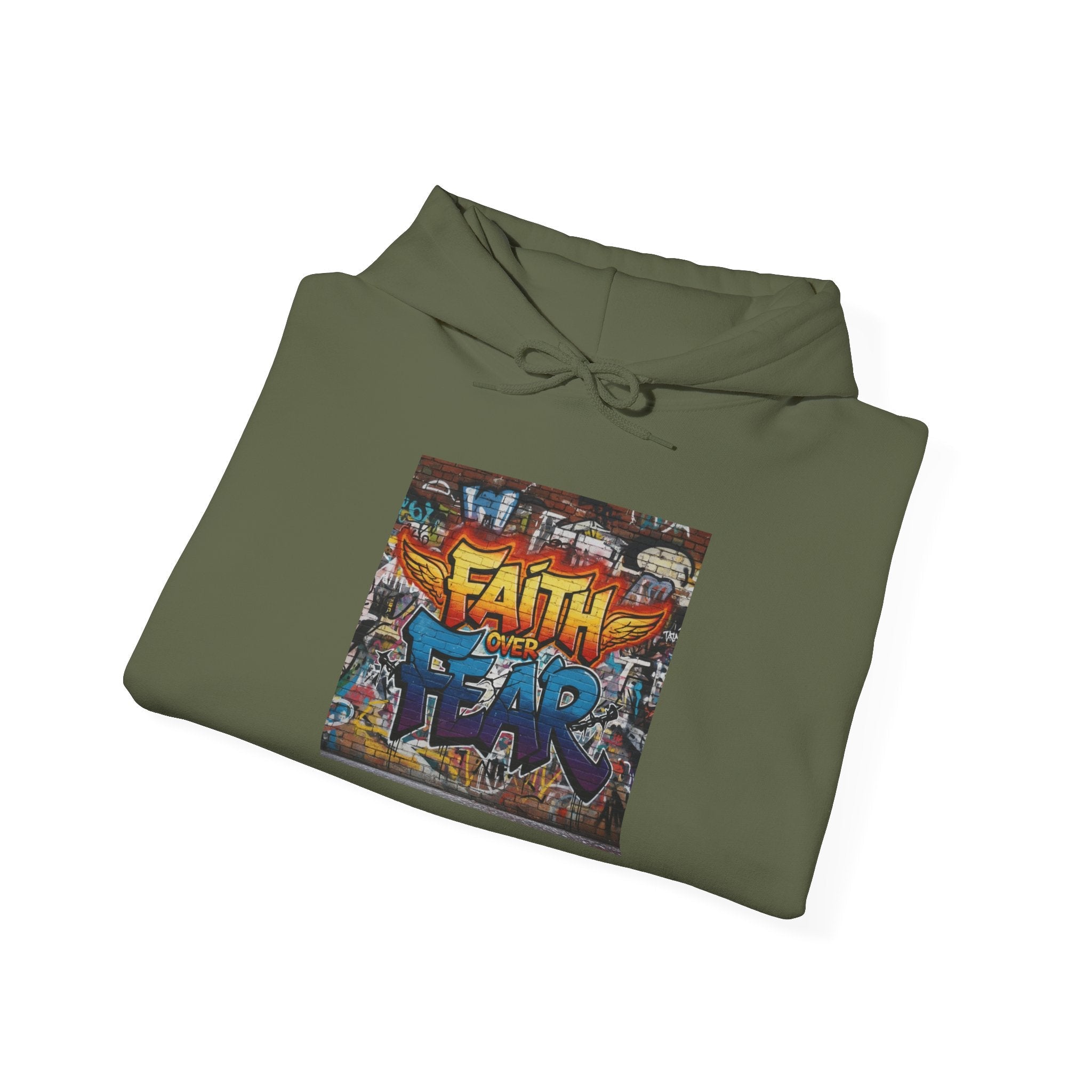 Faith Over Fear Hoodie – Graffiti Wall Christian Sweatshirt for Bold 2 Corinthians 5:7 Streetwear & Unshakable Faith Printify