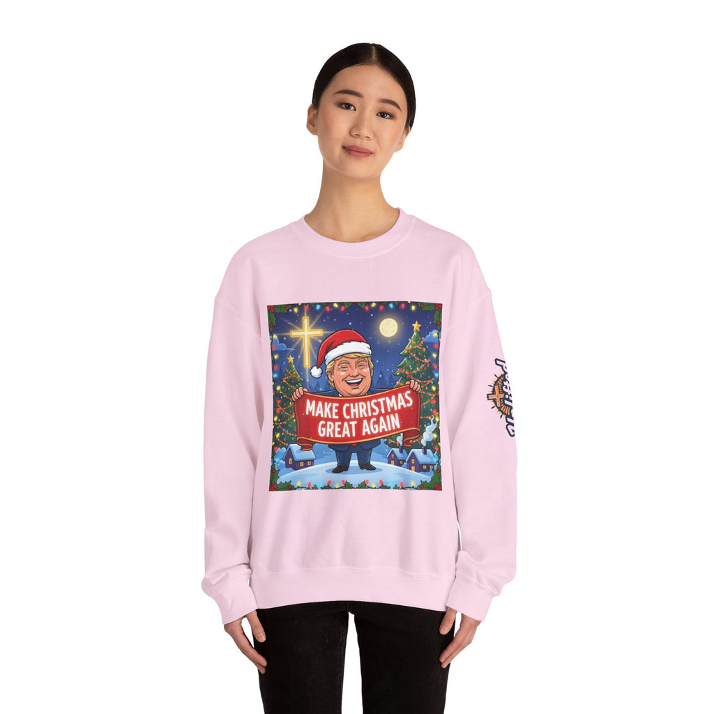 🎄 Make Christmas Great Again – Patriotic Christian Christmas Sweatshirt | Bold Holiday Faith Tee | Red & White Banner Design | Uplifted Gear Printify