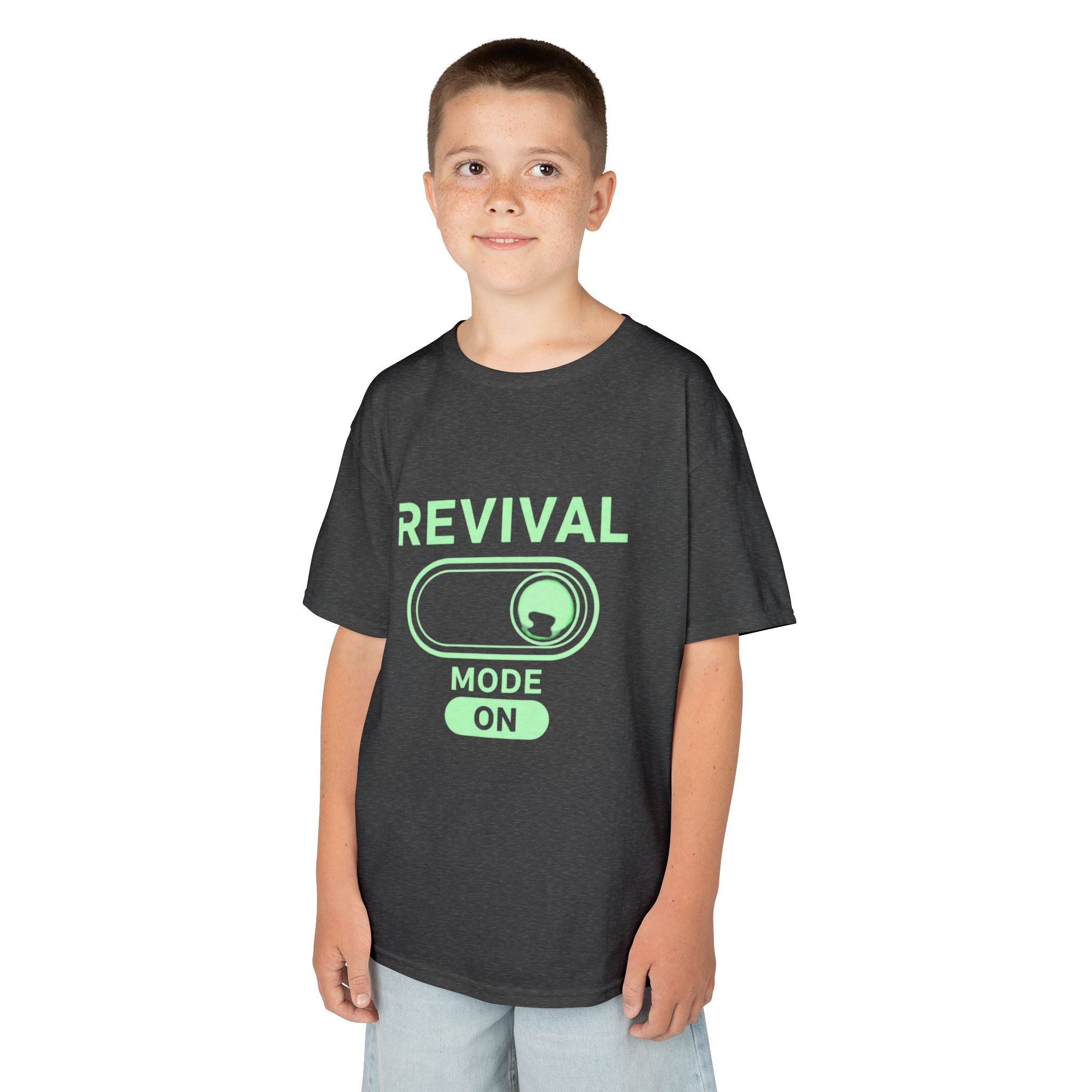 🔥 Revival Mode: ON – Christian Techwear Kids T-Shirt | Glowing Green Faith Switch | Futuristic Jesus Shirt | Activate Your Spiritual Awakening | Uplifted Gear Printify