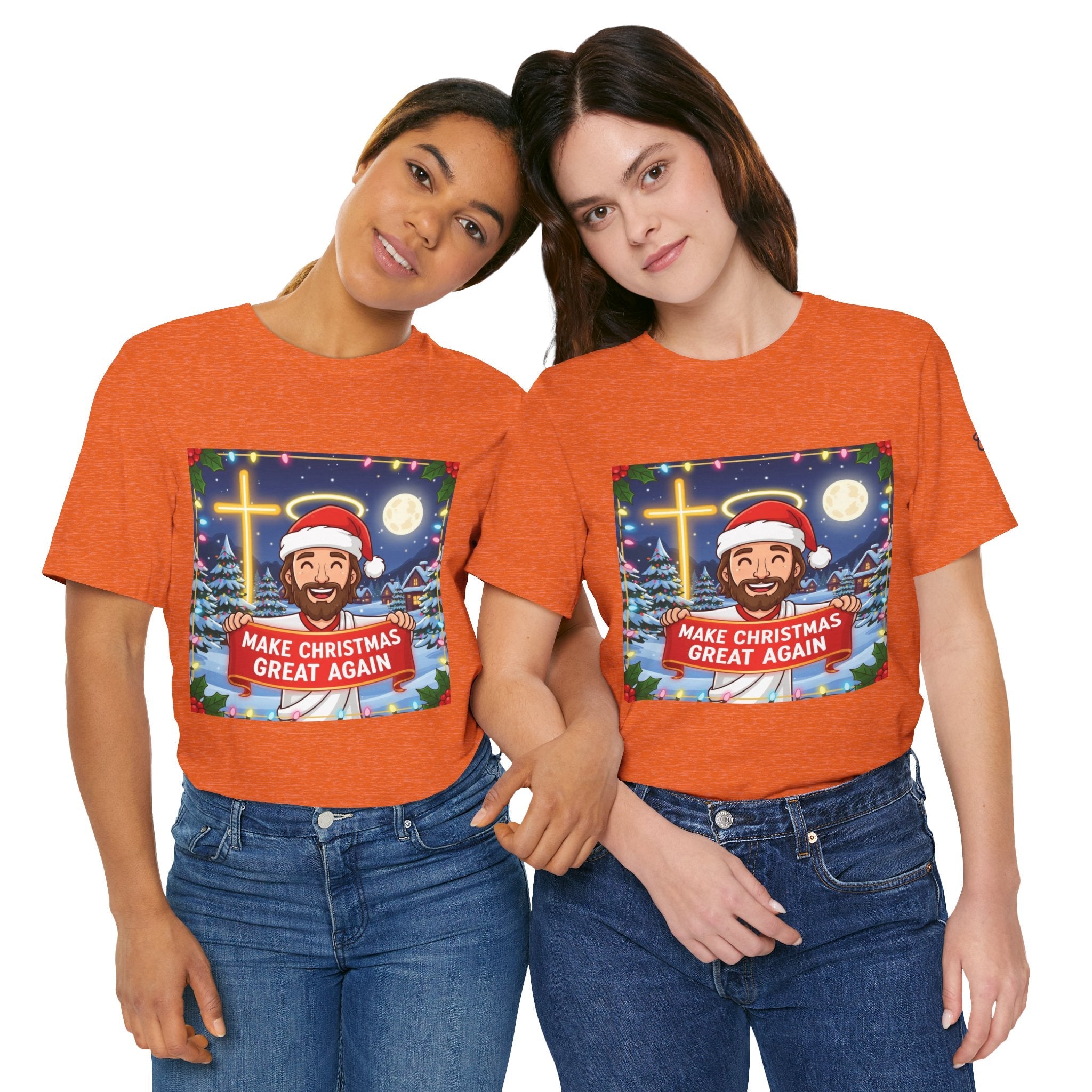 🎄 Make Christmas Great Again – Funny Christian T-Shirt | Jesus Holding Banner | Faith-Based Holiday Parody Tee | Uplifted Gear Printify