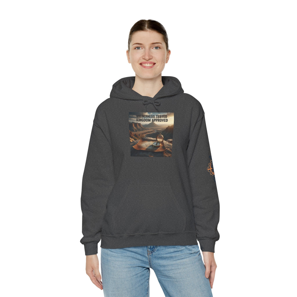 Wilderness Tested Kingdom Approved Hoodie – Mountain Desert Compass Crown Christian Sweatshirt for Biblical Adventure Faith Printify